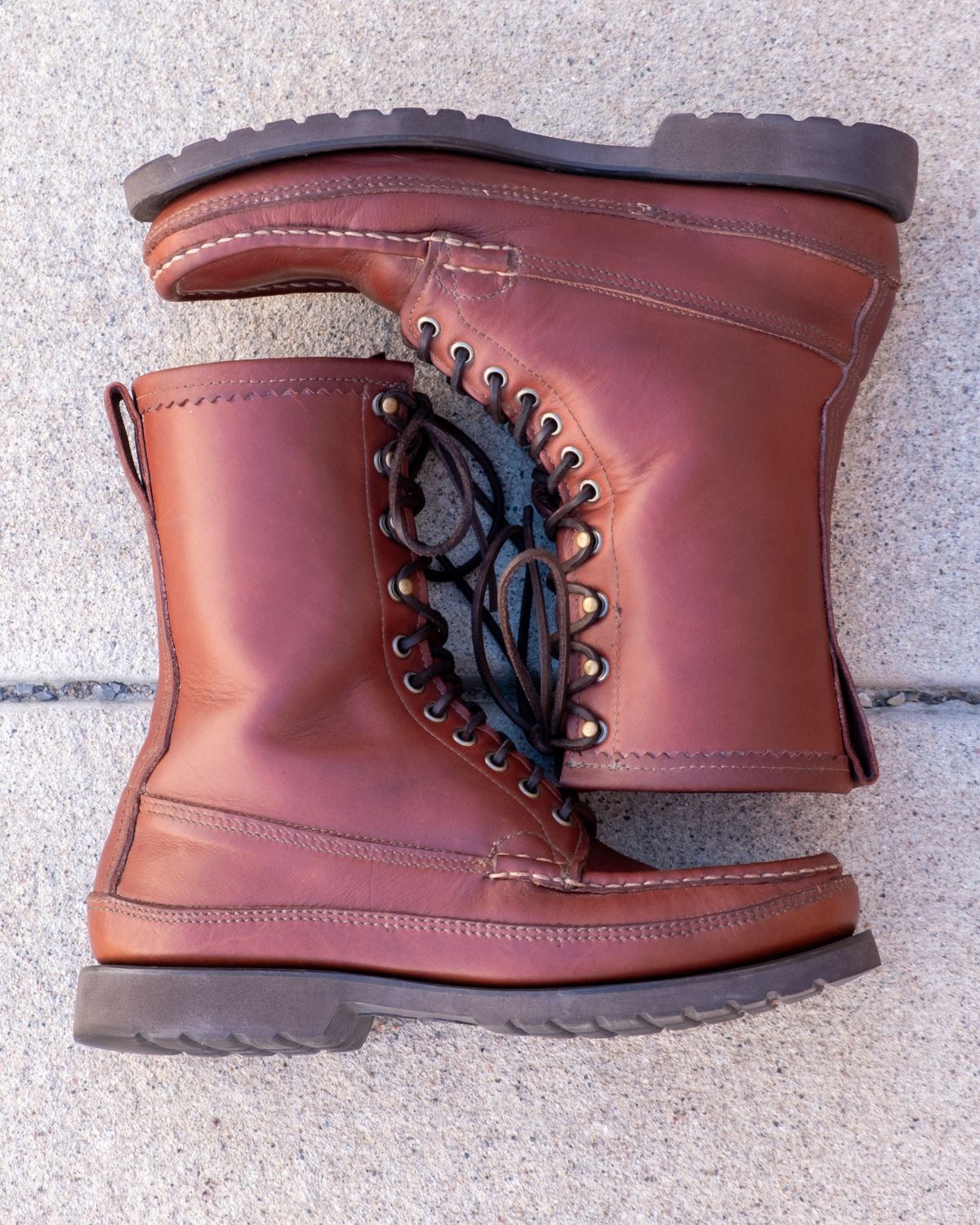 Photo by stitchedsoles on November 5, 2025 of the Russell Moccasin Co. South 40 Birdshooter in Walnut Timberjack.