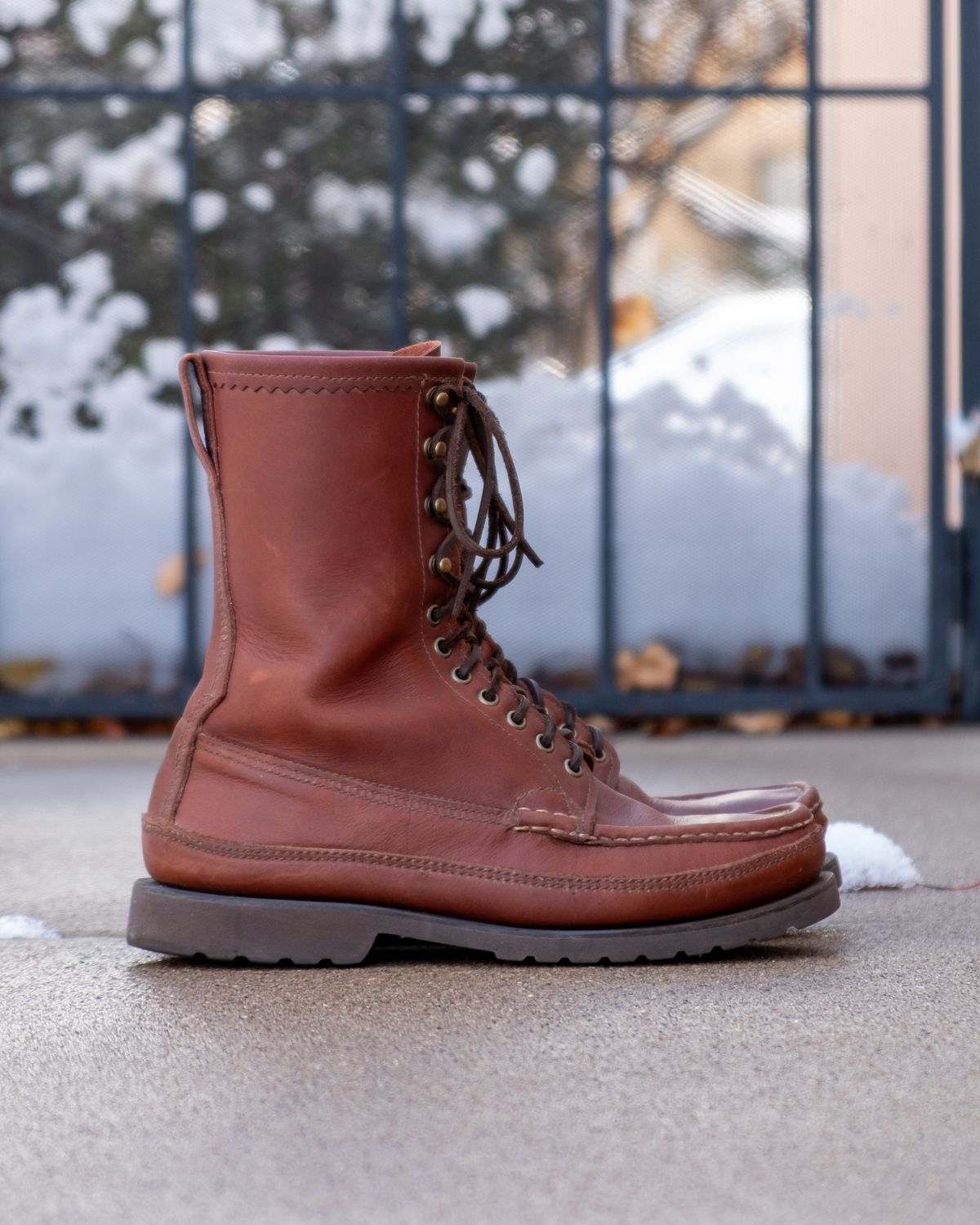 Photo by stitchedsoles on December 4, 2025 of the Russell Moccasin Co. South 40 Birdshooter in Walnut Timberjack.