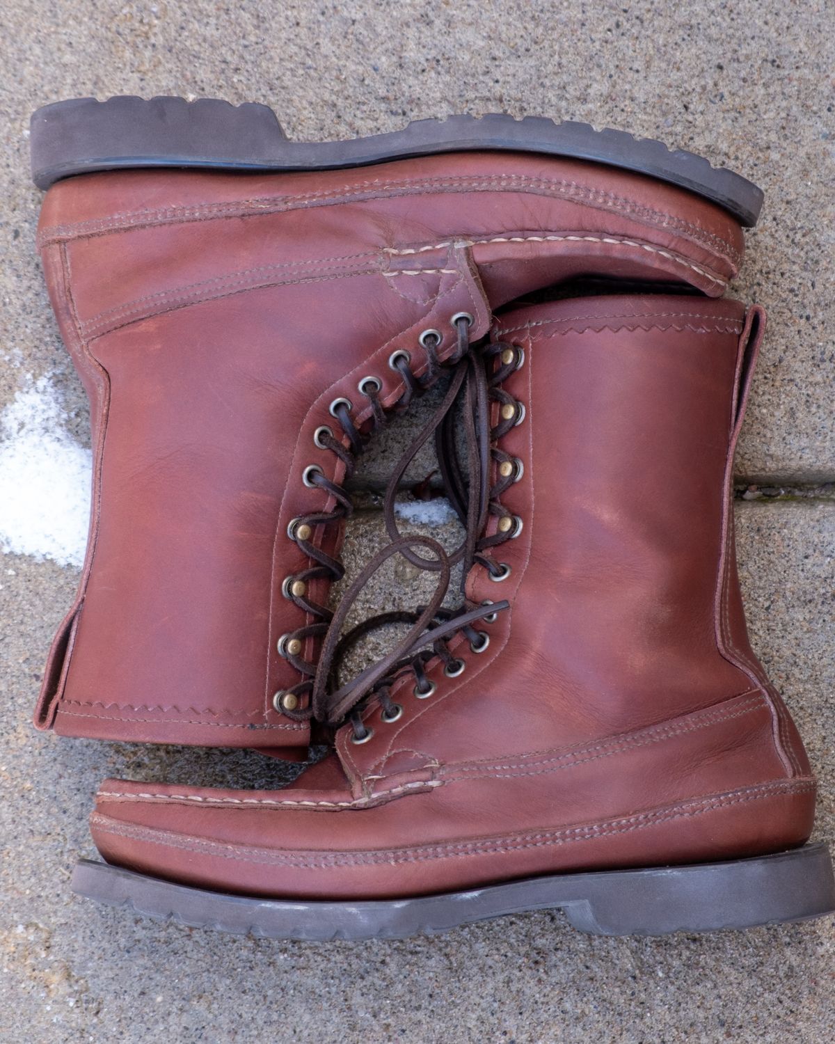 Photo by stitchedsoles on December 4, 2025 of the Russell Moccasin Co. South 40 Birdshooter in Walnut Timberjack.