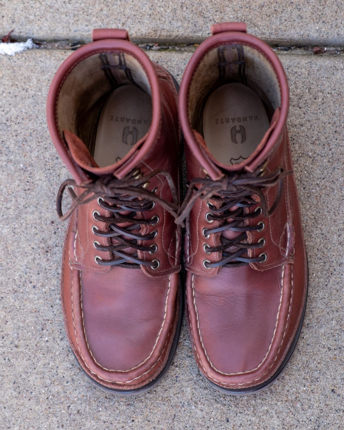 Photo by stitchedsoles on December 4, 2025 of the Russell Moccasin Co. South 40 Birdshooter in Walnut Timberjack.