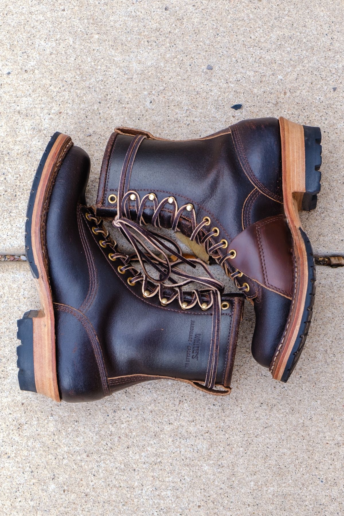 Photo by stitchedsoles on November 4, 2024 of the White's Custom Model in Horween Dark Brown Waxed Flesh.