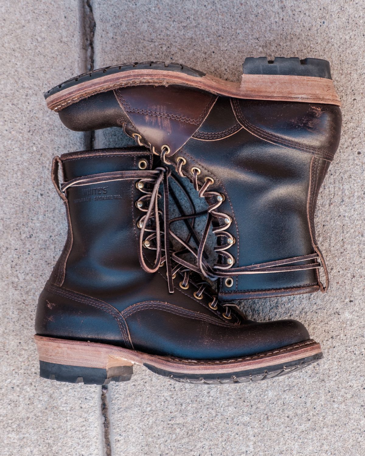 Photo by stitchedsoles on January 5, 2025 of the White's Custom Model in Horween Dark Brown Waxed Flesh.
