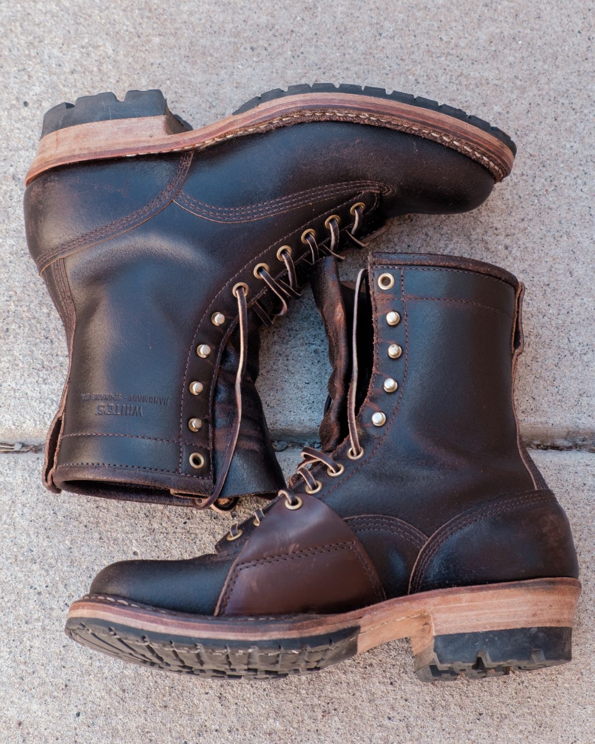 Photo by stitchedsoles on March 5, 2025 of the White's Custom Model in Horween Dark Brown Waxed Flesh.