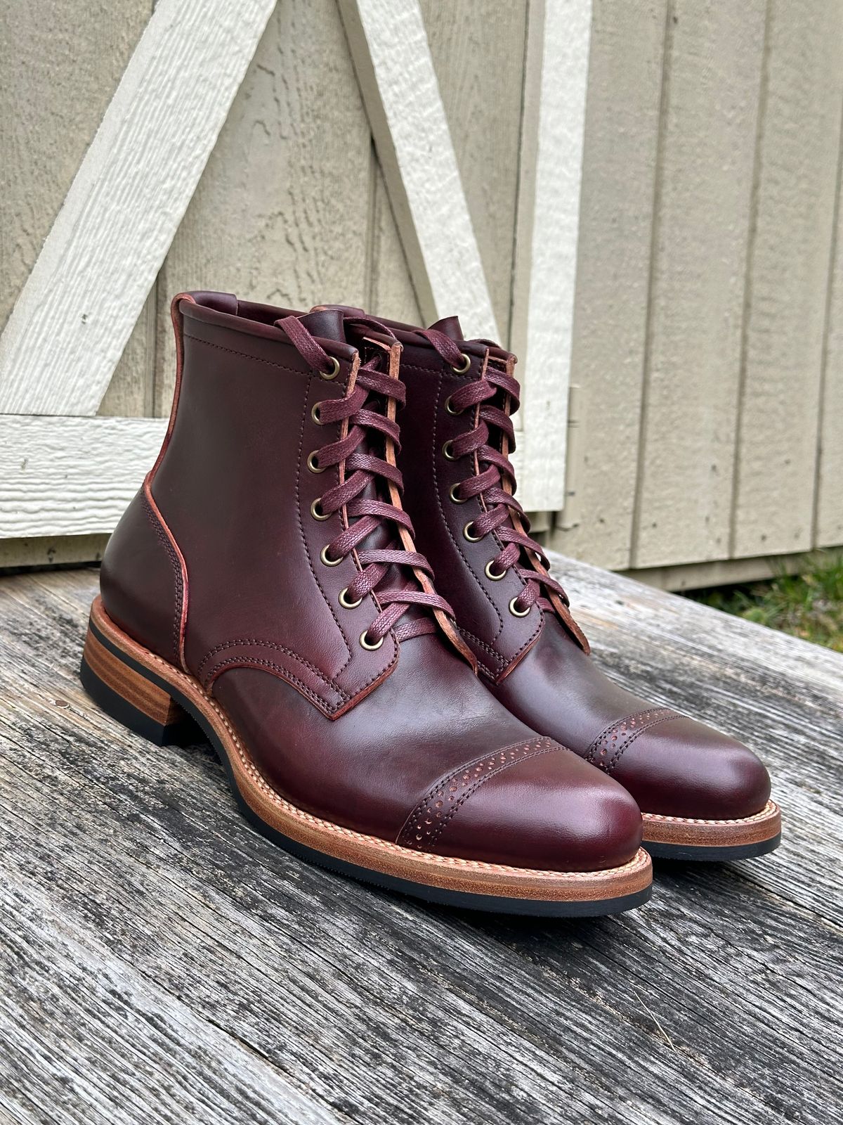 Photo by 3135movt on January 6, 2024 of the Flame Panda Brogue Cap Toe Service Boot in Maryam Burgundy-Overdyed Horsebutt.