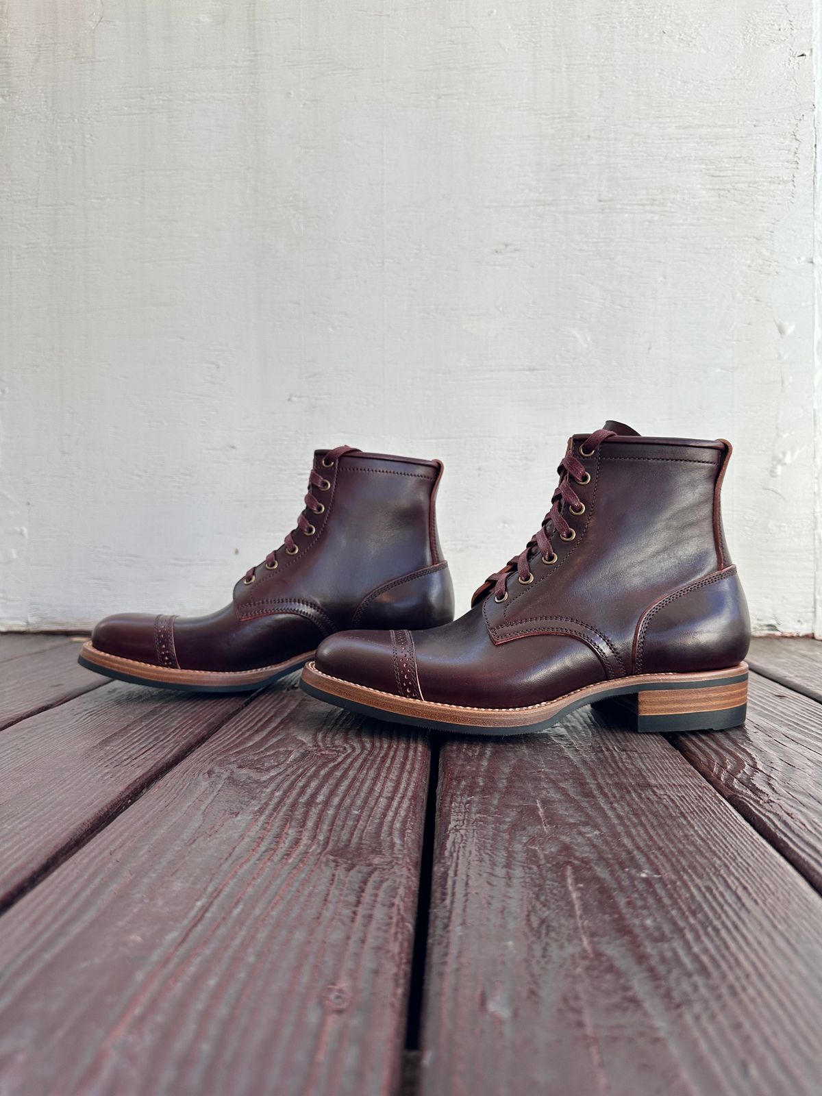 Photo by 3135movt on February 6, 2024 of the Flame Panda Brogue Cap Toe Service Boot in Maryam Burgundy-Overdyed Horsebutt.