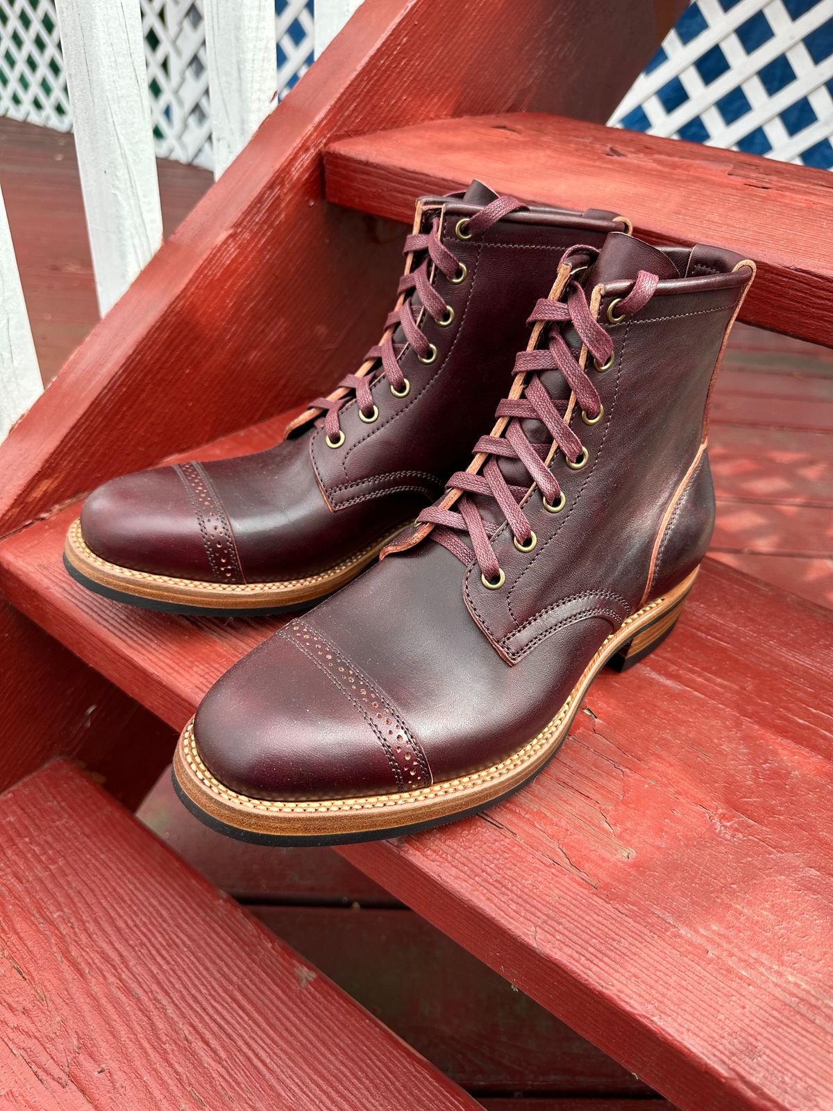 Photo by 3135movt on March 6, 2024 of the Flame Panda Brogue Cap Toe Service Boot in Maryam Burgundy-Overdyed Horsebutt.