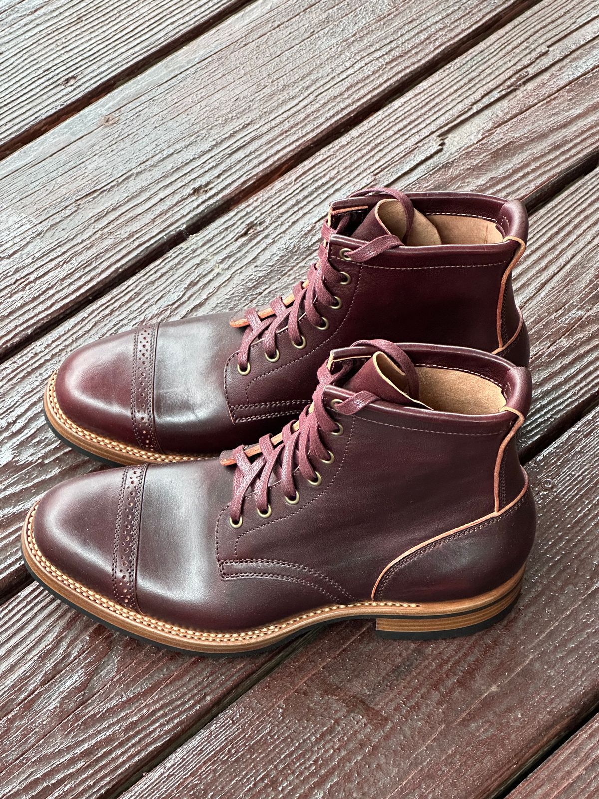 Photo by 3135movt on April 5, 2024 of the Flame Panda Brogue Cap Toe Service Boot in Maryam Burgundy-Overdyed Horsebutt.