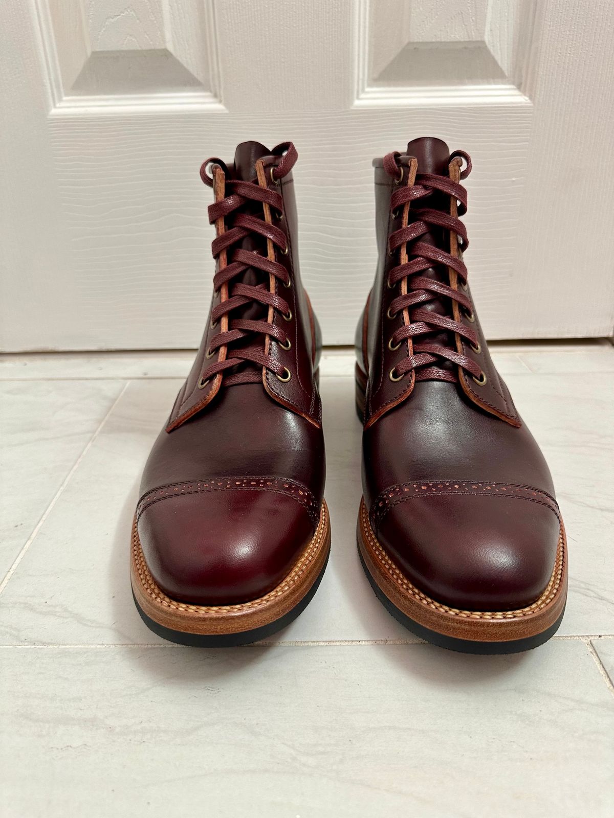 Photo by 3135movt on December 6, 2023 of the Flame Panda Brogue Cap Toe Service Boot in Maryam Burgundy-Overdyed Horsebutt.