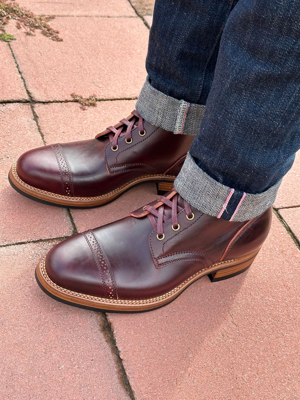 Photo by 3135movt on November 2, 2023 of the Flame Panda Brogue Cap Toe Service Boot in Maryam Burgundy-Overdyed Horsebutt.