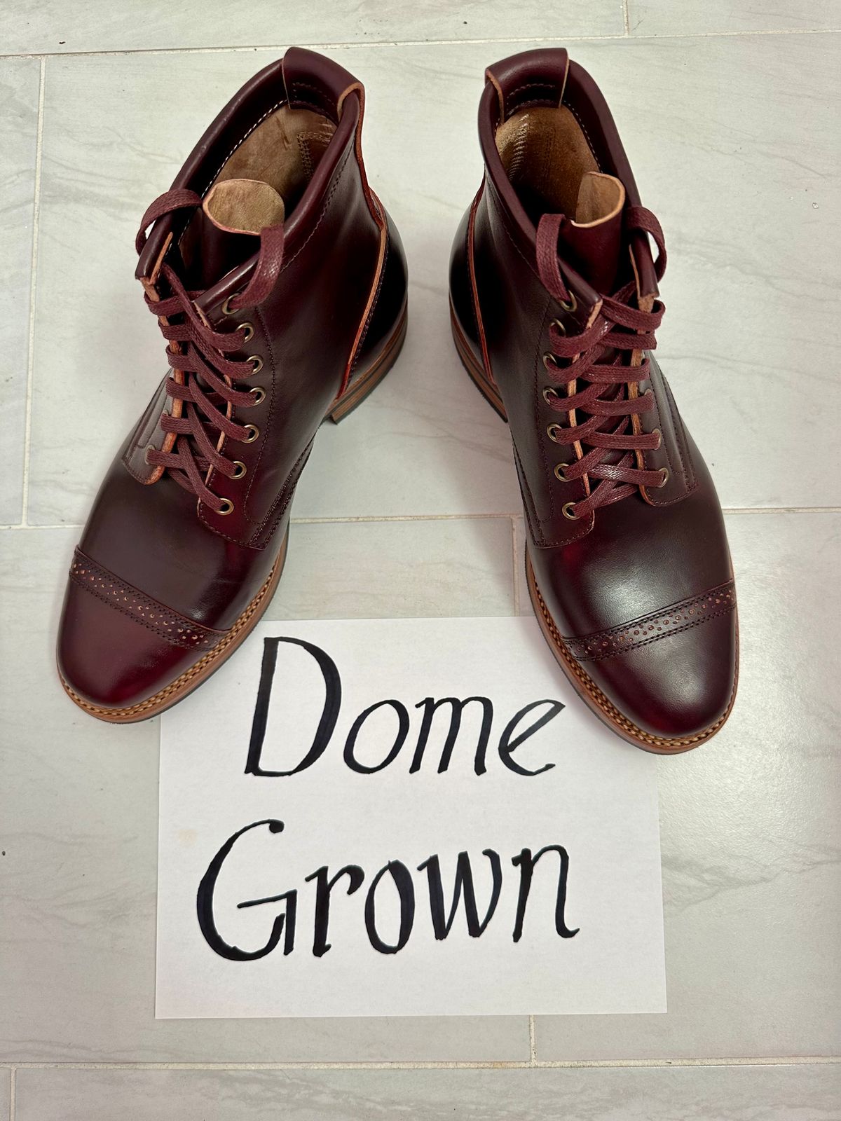 Photo by 3135movt on November 2, 2023 of the Flame Panda Brogue Cap Toe Service Boot in Maryam Burgundy-Overdyed Horsebutt.