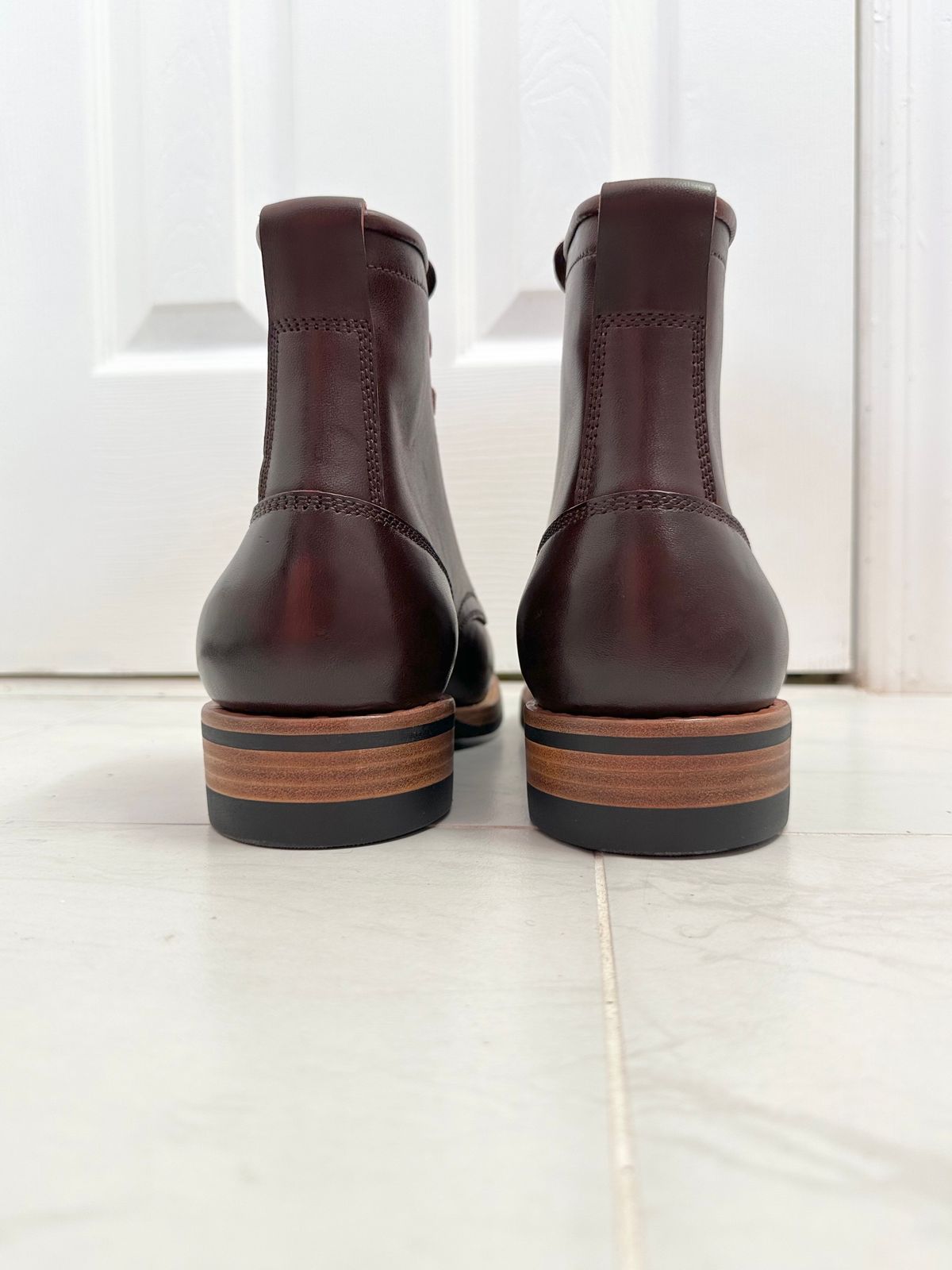 Photo by 3135movt on November 2, 2023 of the Flame Panda Brogue Cap Toe Service Boot in Maryam Burgundy-Overdyed Horsebutt.