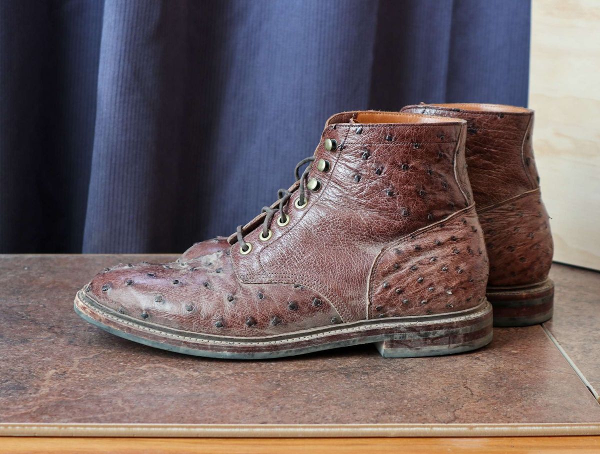 Photo by prospect_joe on November 1, 2023 of the Grant Stone Diesel Boot in Kango Tobacco Ostrich.