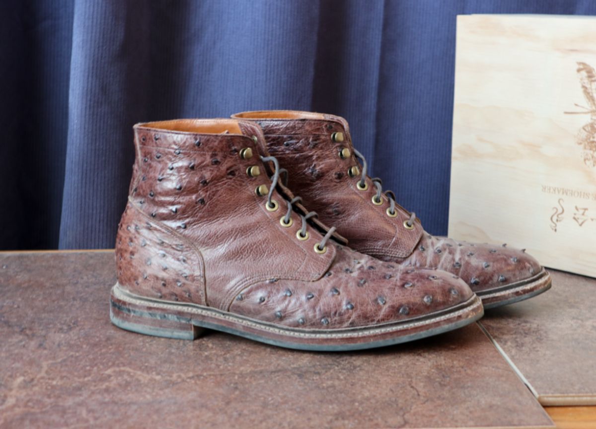 Photo by prospect_joe on November 1, 2023 of the Grant Stone Diesel Boot in Kango Tobacco Ostrich.