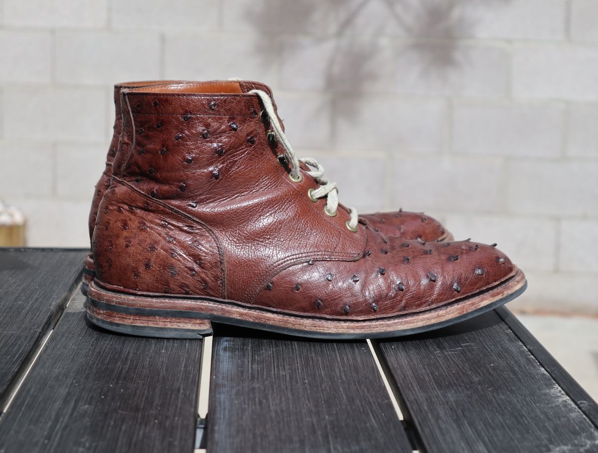 Photo by prospect_joe on February 24, 2024 of the Grant Stone Diesel Boot in Kango Tobacco Ostrich.