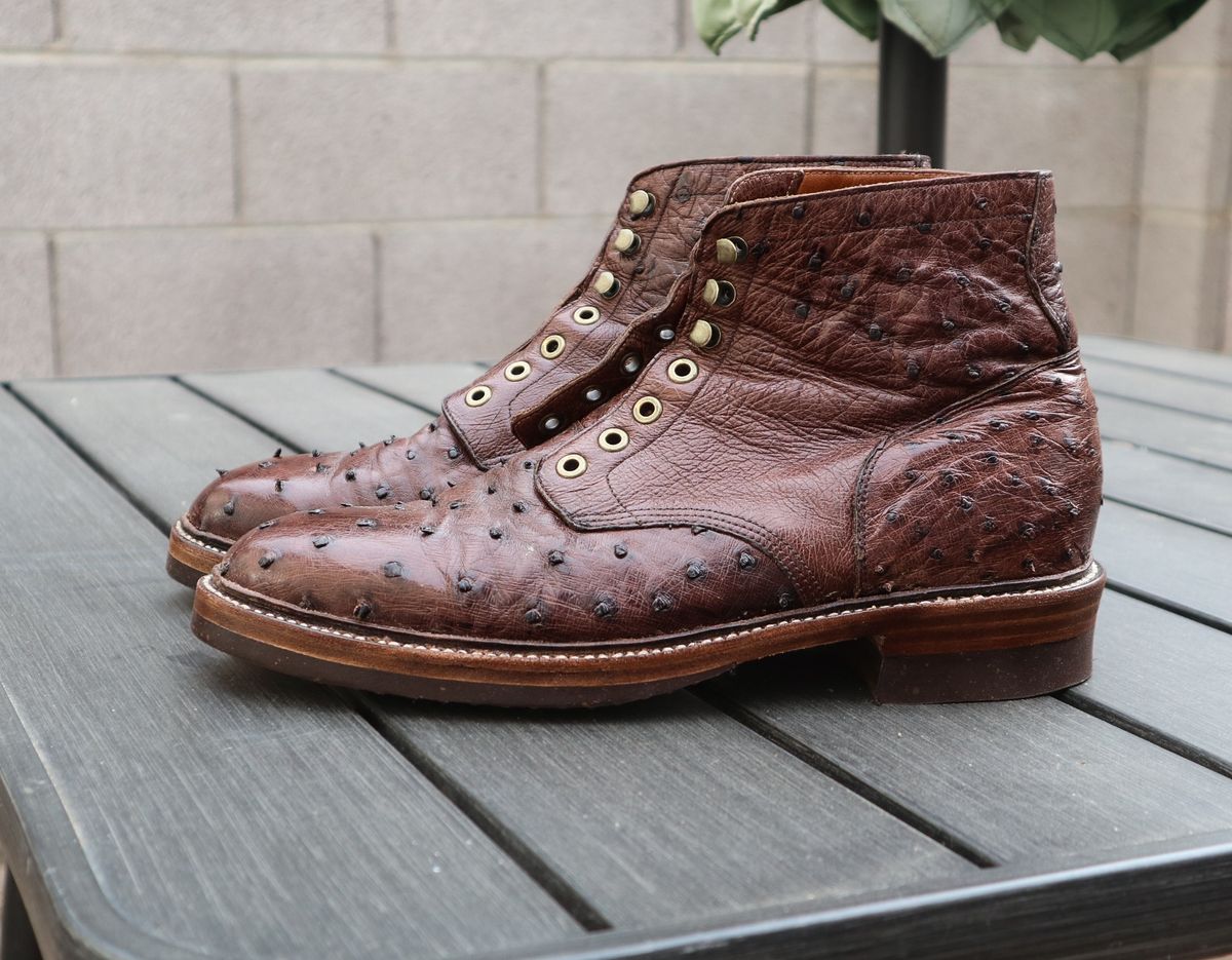 Photo by prospect_joe on June 18, 2024 of the Grant Stone Diesel Boot in Kango Tobacco Ostrich.