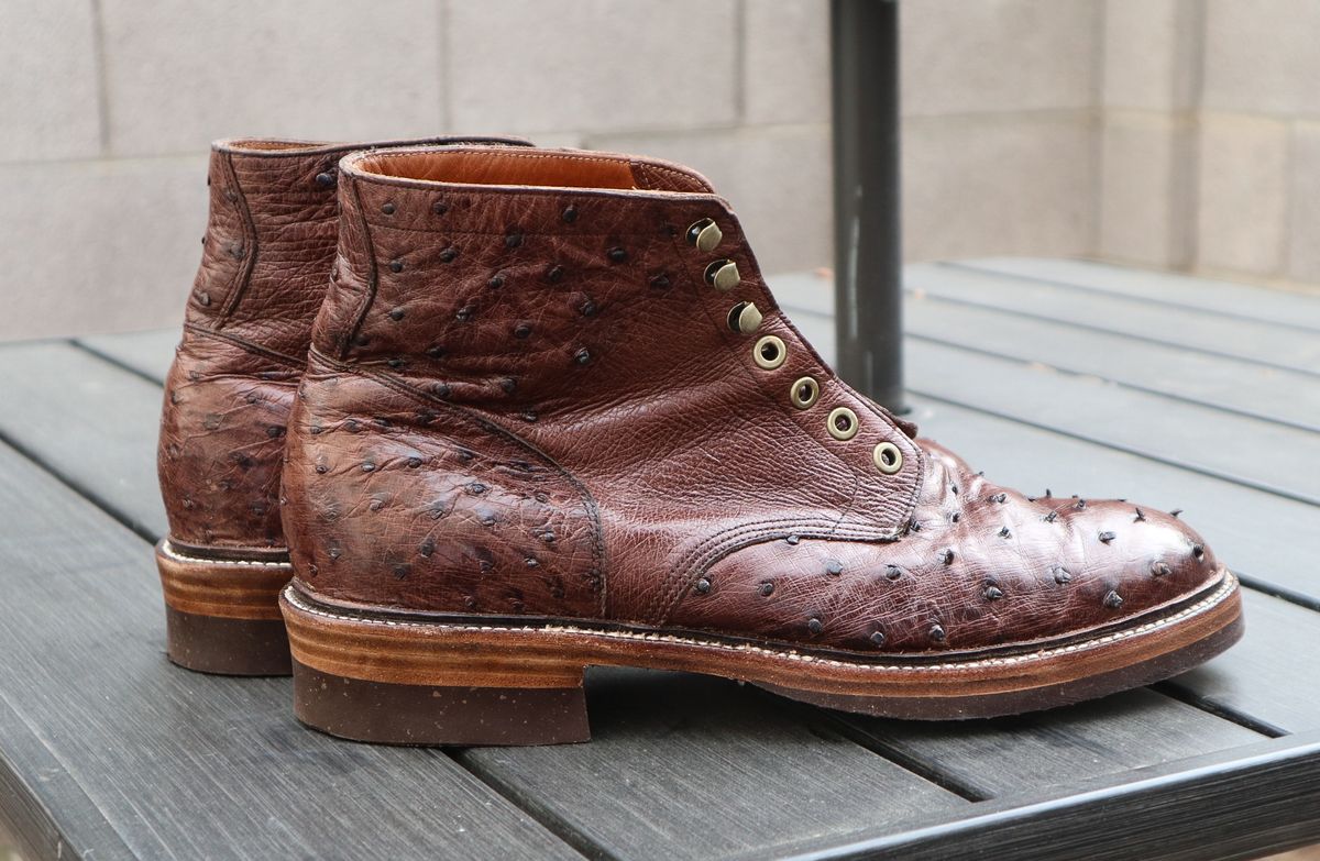 Photo by prospect_joe on June 18, 2024 of the Grant Stone Diesel Boot in Kango Tobacco Ostrich.