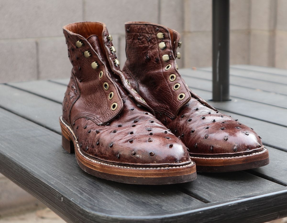 Photo by prospect_joe on June 18, 2024 of the Grant Stone Diesel Boot in Kango Tobacco Ostrich.