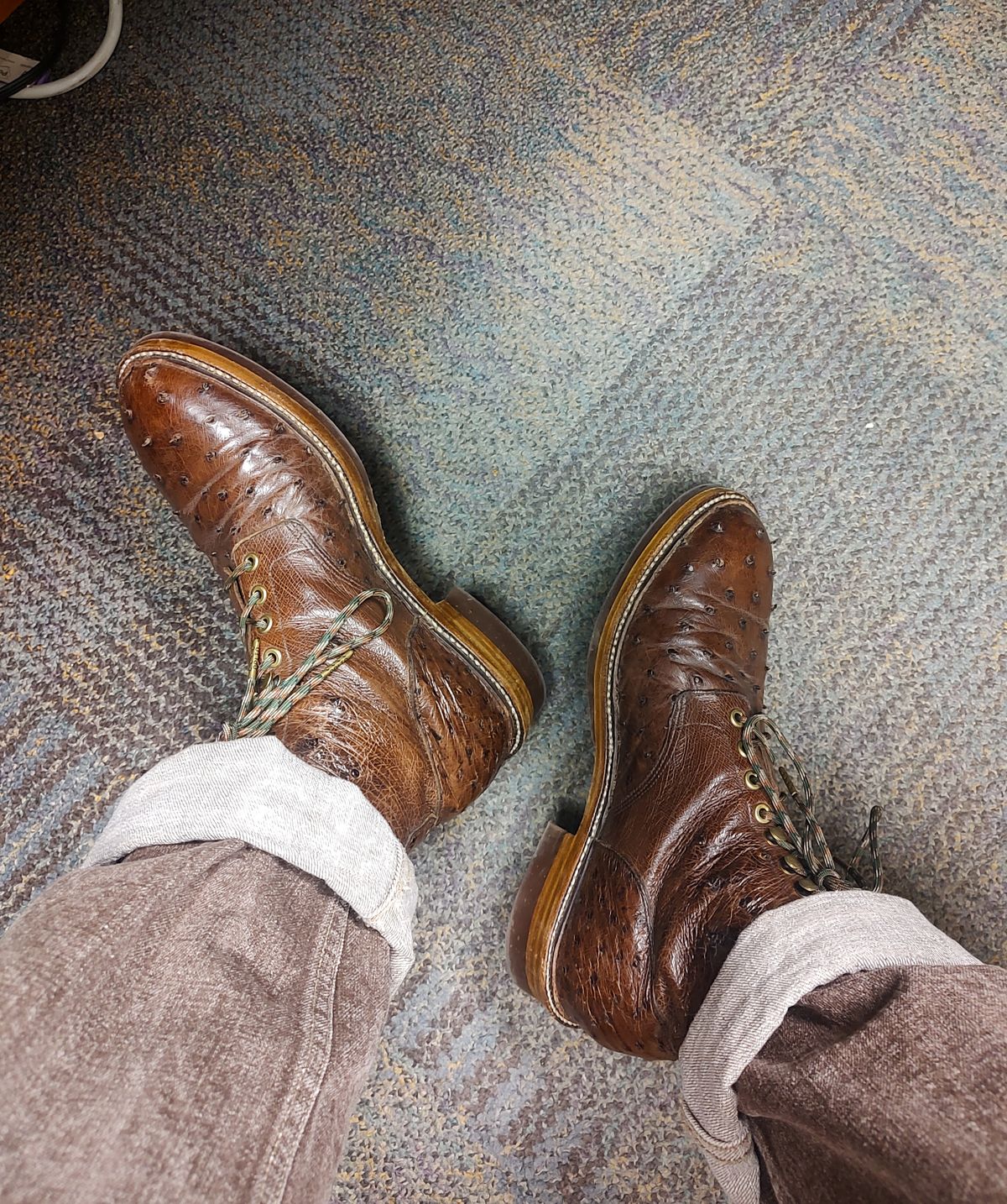 Photo by prospect_joe on July 25, 2024 of the Grant Stone Diesel Boot in Kango Tobacco Ostrich.