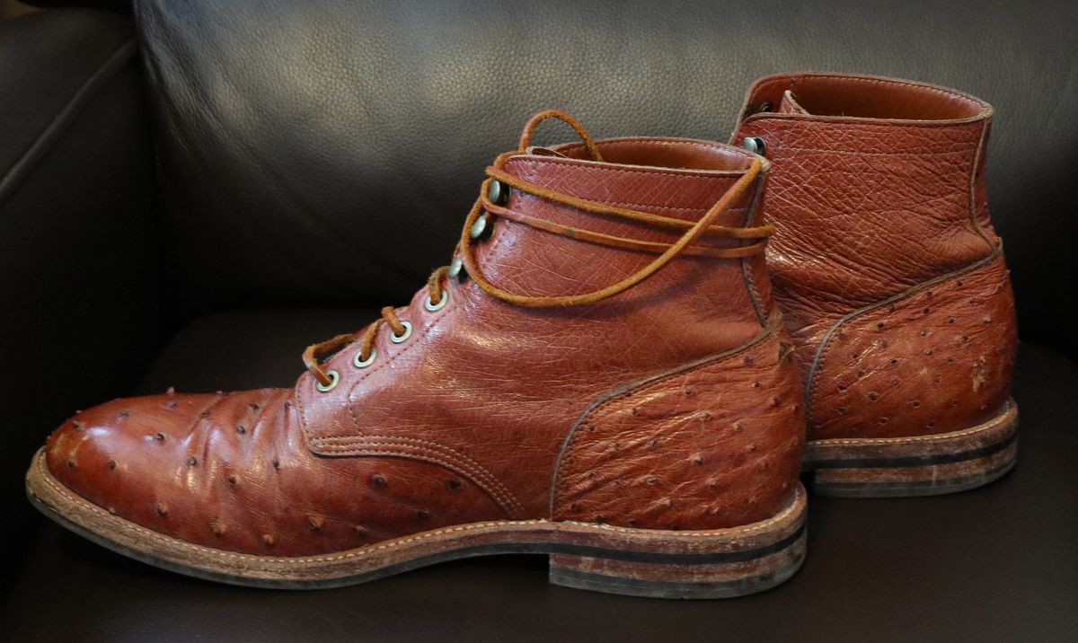 Photo by prospect_joe on September 27, 2023 of the Grant Stone Diesel Boot in Cognac Ostrich.