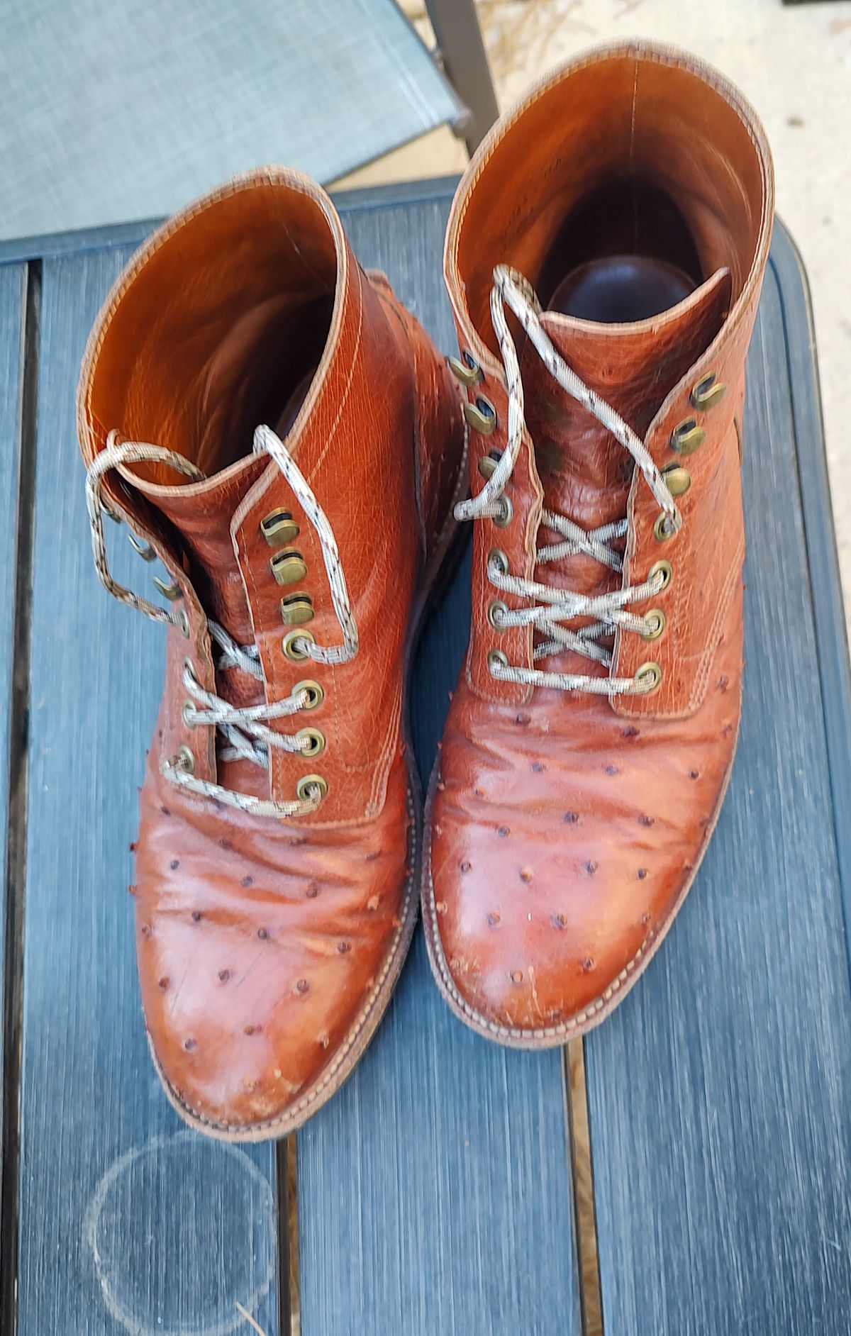 Photo by prospect_joe on July 29, 2024 of the Grant Stone Diesel Boot in Cognac Ostrich.