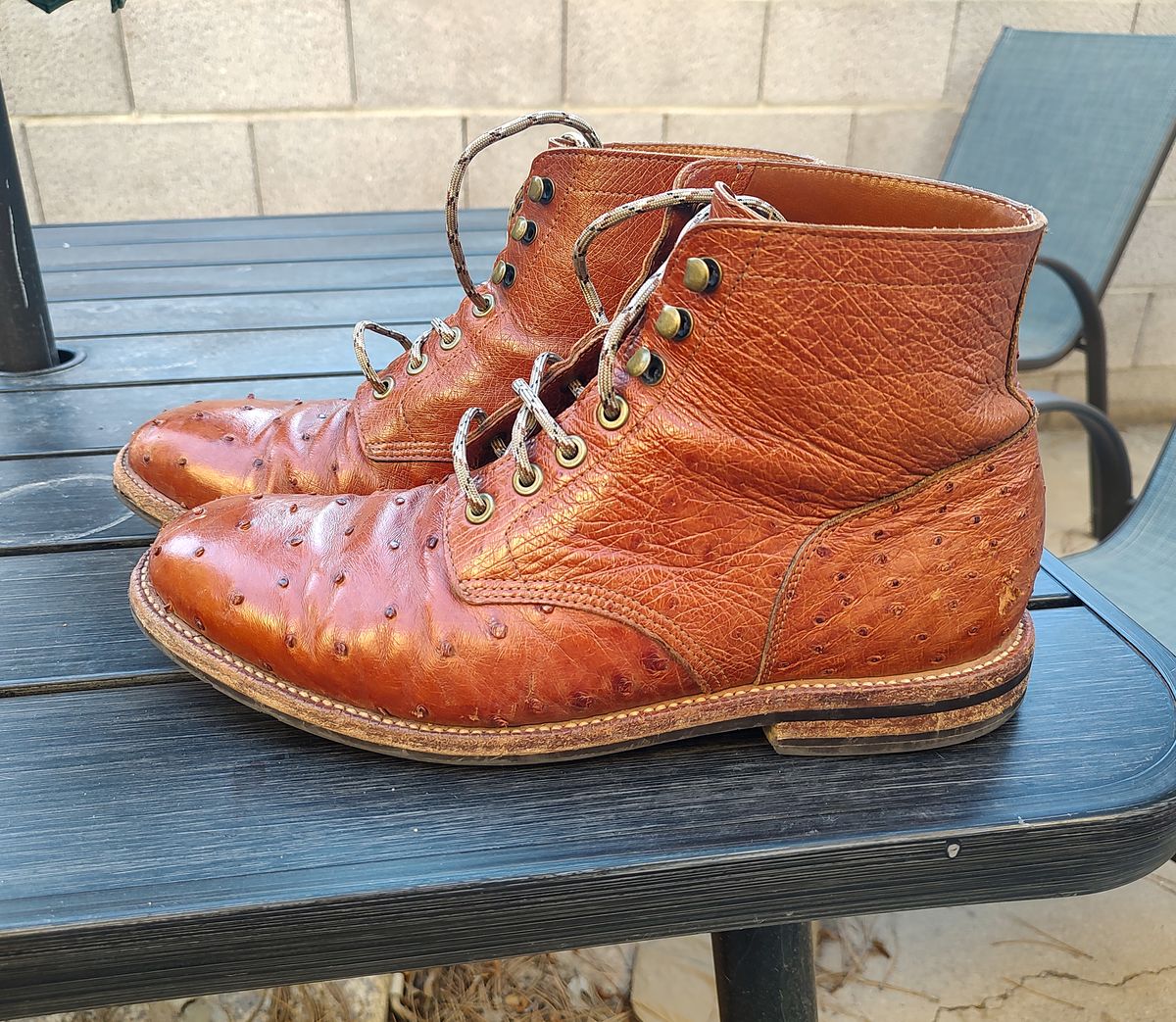 Photo by prospect_joe on July 29, 2024 of the Grant Stone Diesel Boot in Cognac Ostrich.