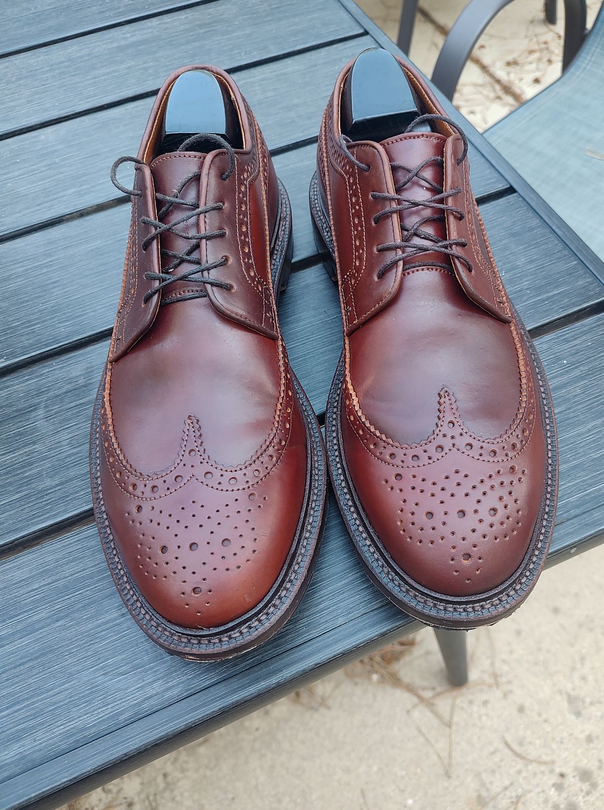 Photo by prospect_joe on July 27, 2024 of the Grant Stone Longwing in Horween Garnet Shell Cordovan.