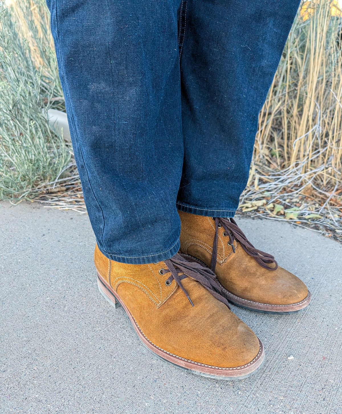 Photo by prospect_joe on July 29, 2025 of the Kiattoko Handmade Boondockers in Horween Wheat Chamois Roughout.