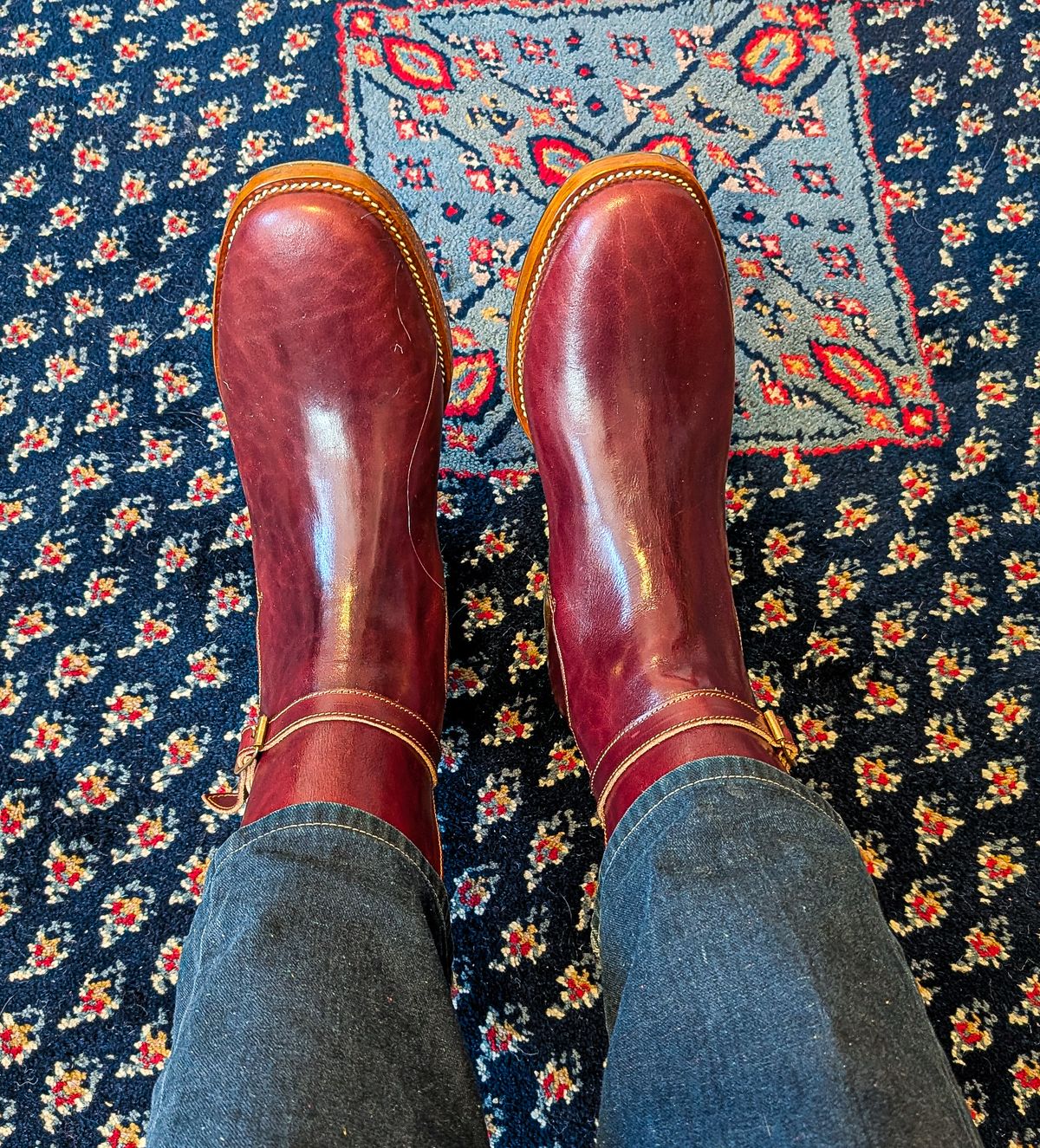 Photo by prospect_joe on July 30, 2025 of the Kiatokko Handmade Jodhpur in Wickett & Craig Burgundy Milled Traditional Harness.