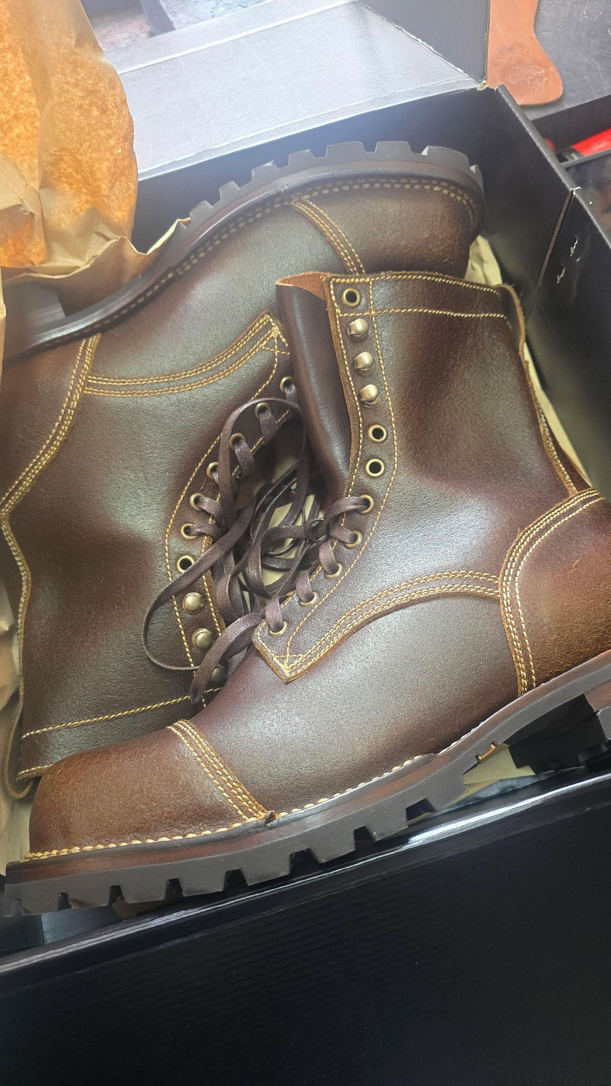 Photo by prospect_joe on September 12, 2025 of the Willie's Handmade Boots Logger in Horween Chromexcel Brown Waxed Flesh.