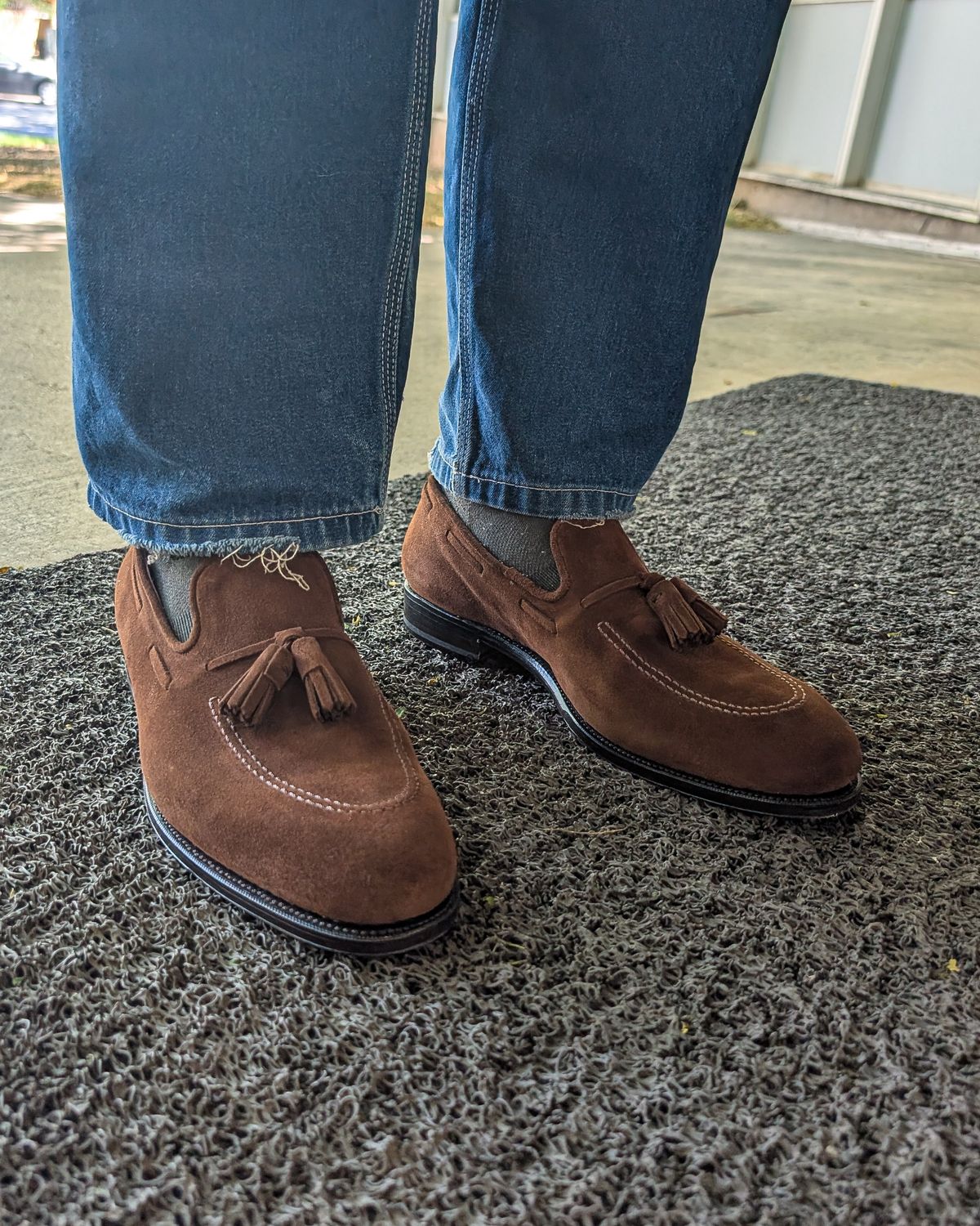 Photo by prospect_joe on June 12, 2026 of the Bridlen Tassel Loafer in C.F. Stead Chocolate Repello Calf Suede.