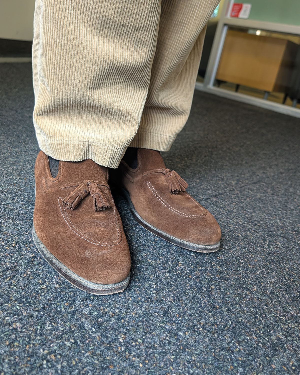 Photo by prospect_joe on June 17, 2026 of the Bridlen Tassel Loafer in C.F. Stead Chocolate Repello Calf Suede.