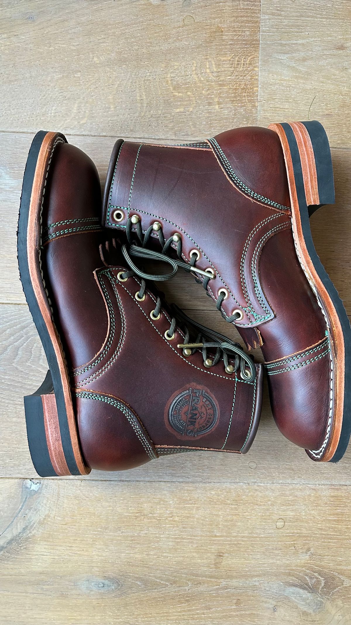Photo by Dutchbootsguy on October 1, 2023 of the Frank's Boots Ground Pounder in Wickett & Craig Chestnut Oiled Latigo.