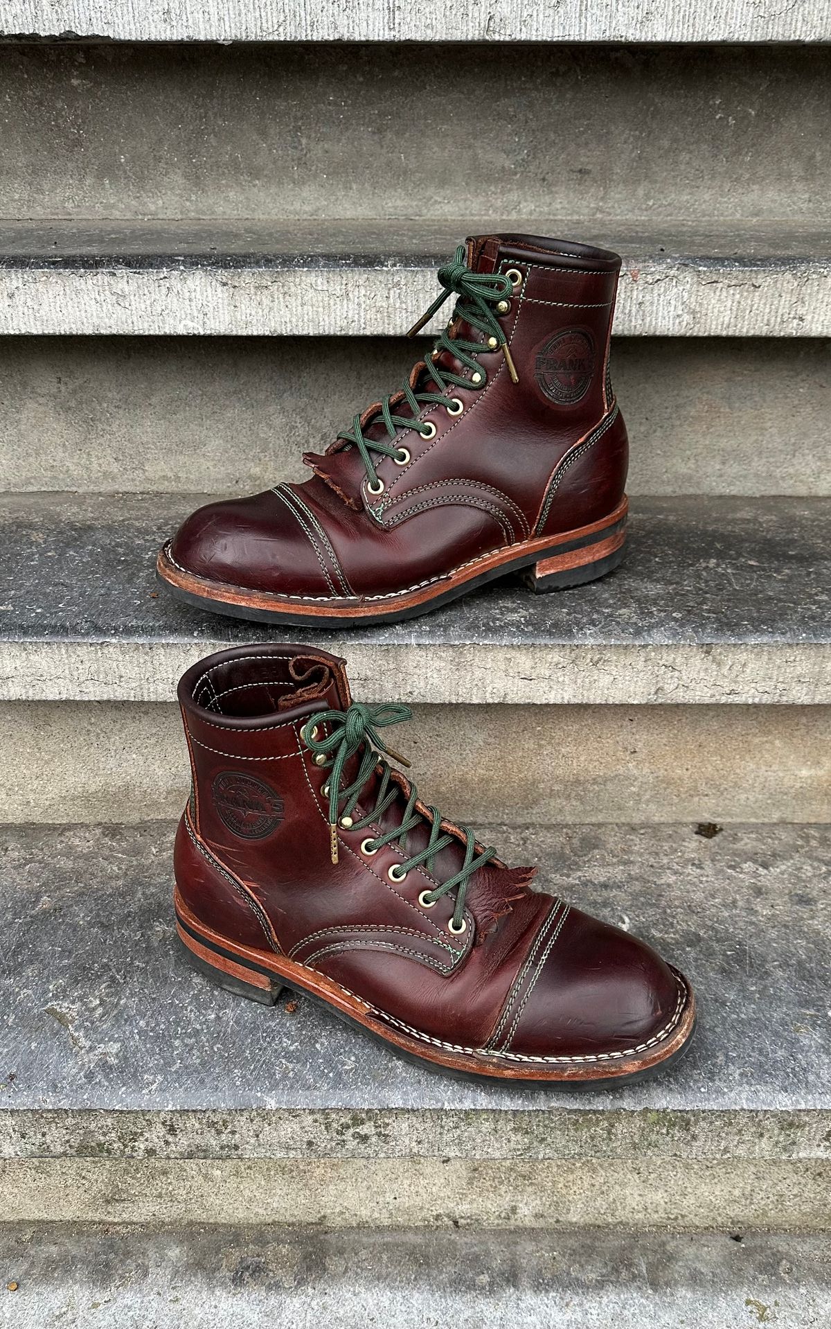 Photo by Dutchbootsguy on April 1, 2024 of the Frank's Boots Ground Pounder in Wickett & Craig Chestnut Oiled Latigo.