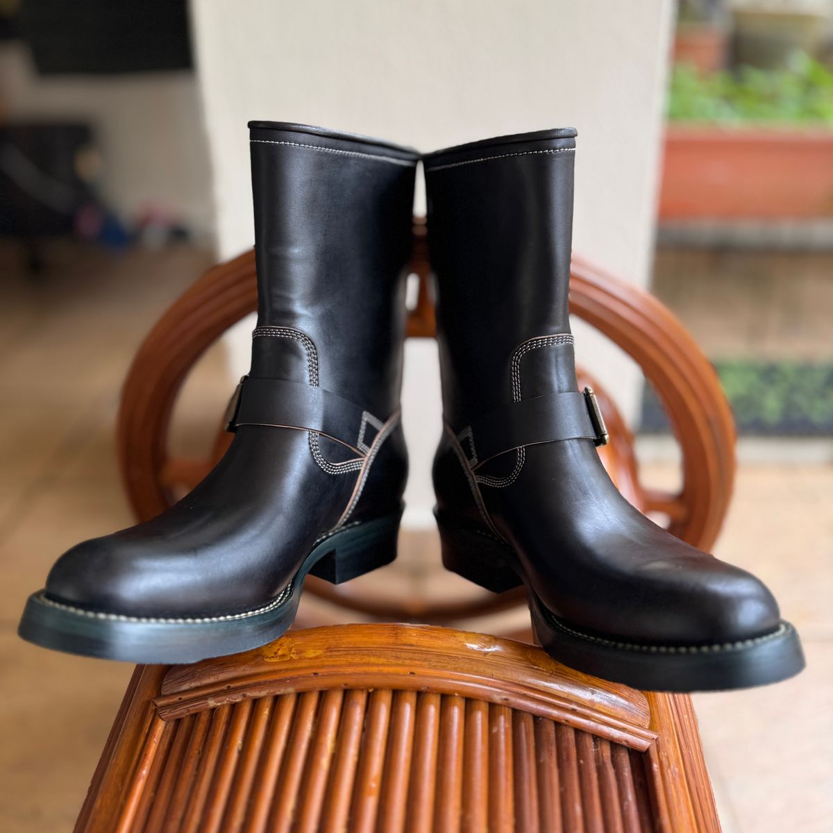 Photo by mk_alexchong on October 24, 2025 of the Flame Panda Engineer Boot in FP Natural Shell cordovan - Overdyed Brown Then Black.