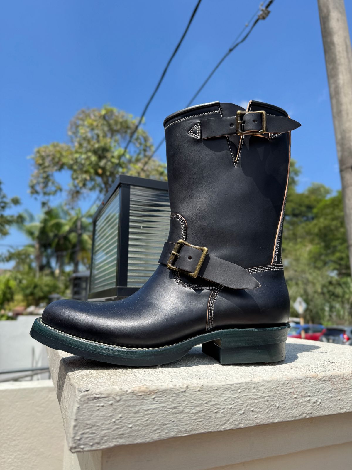Photo by mk_alexchong on October 31, 2025 of the Flame Panda Engineer Boot in FP Natural Shell cordovan - Overdyed Brown Then Black.