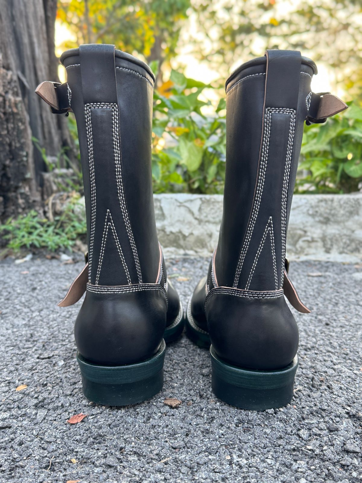 Photo by mk_alexchong on October 31, 2025 of the Flame Panda Engineer Boot in FP Natural Shell cordovan - Overdyed Brown Then Black.