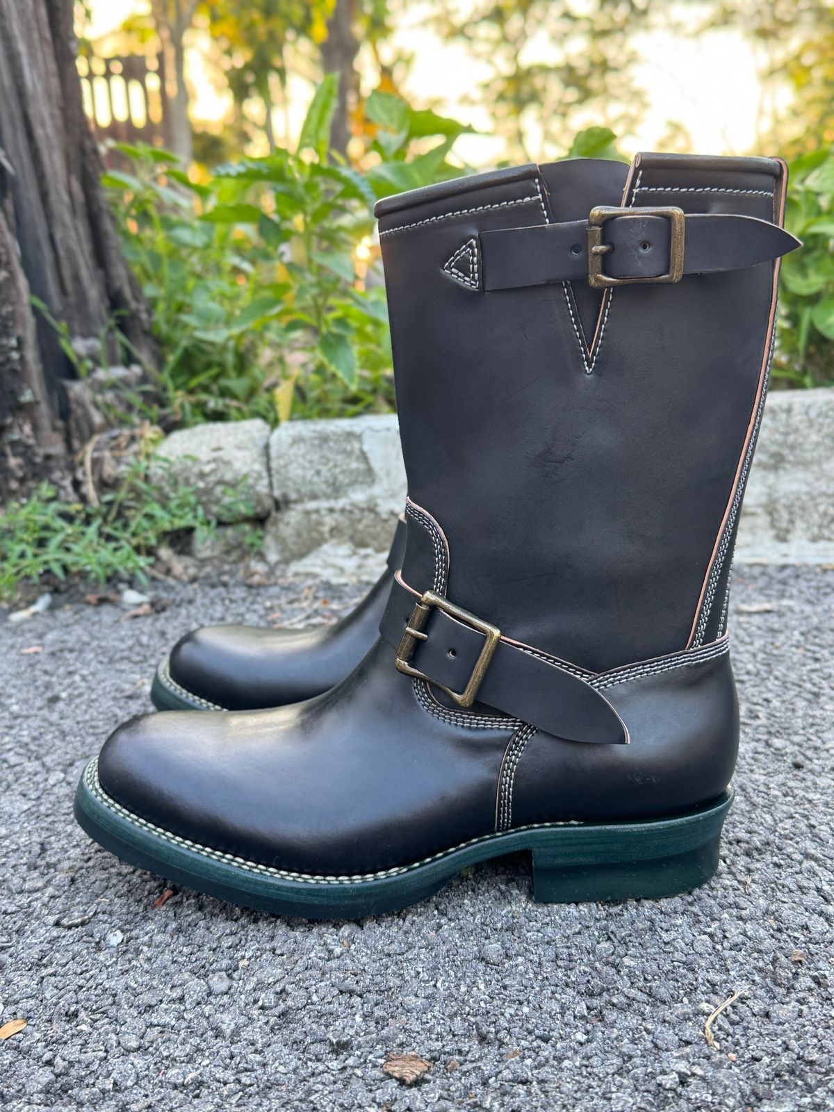 Photo by mk_alexchong on October 31, 2025 of the Flame Panda Engineer Boot in FP Natural Shell cordovan - Overdyed Brown Then Black.
