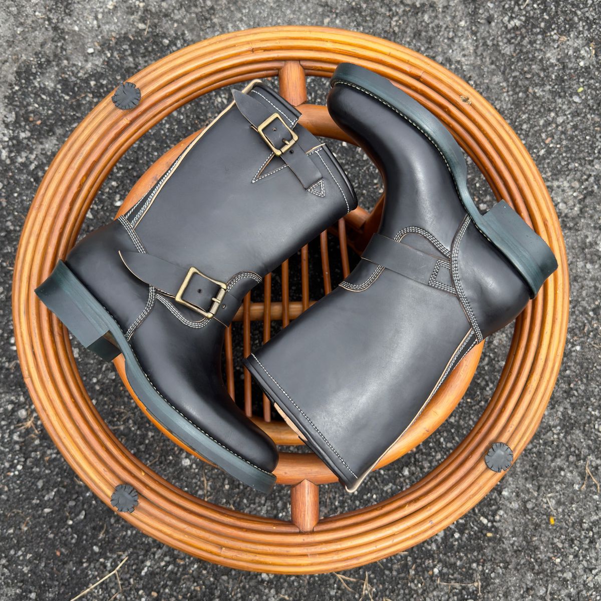 Photo by mk_alexchong on October 24, 2025 of the Flame Panda Engineer Boot in FP Natural Shell cordovan - Overdyed Brown Then Black.