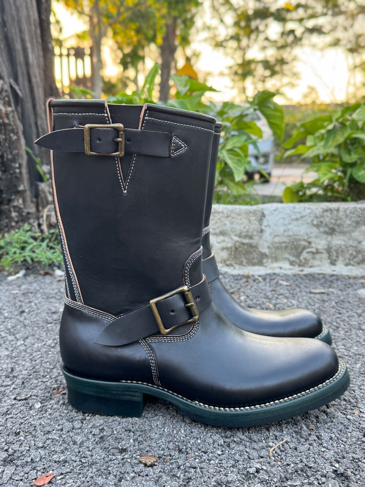 Photo by mk_alexchong on October 31, 2025 of the Flame Panda Engineer Boot in FP Natural Shell cordovan - Overdyed Brown Then Black.