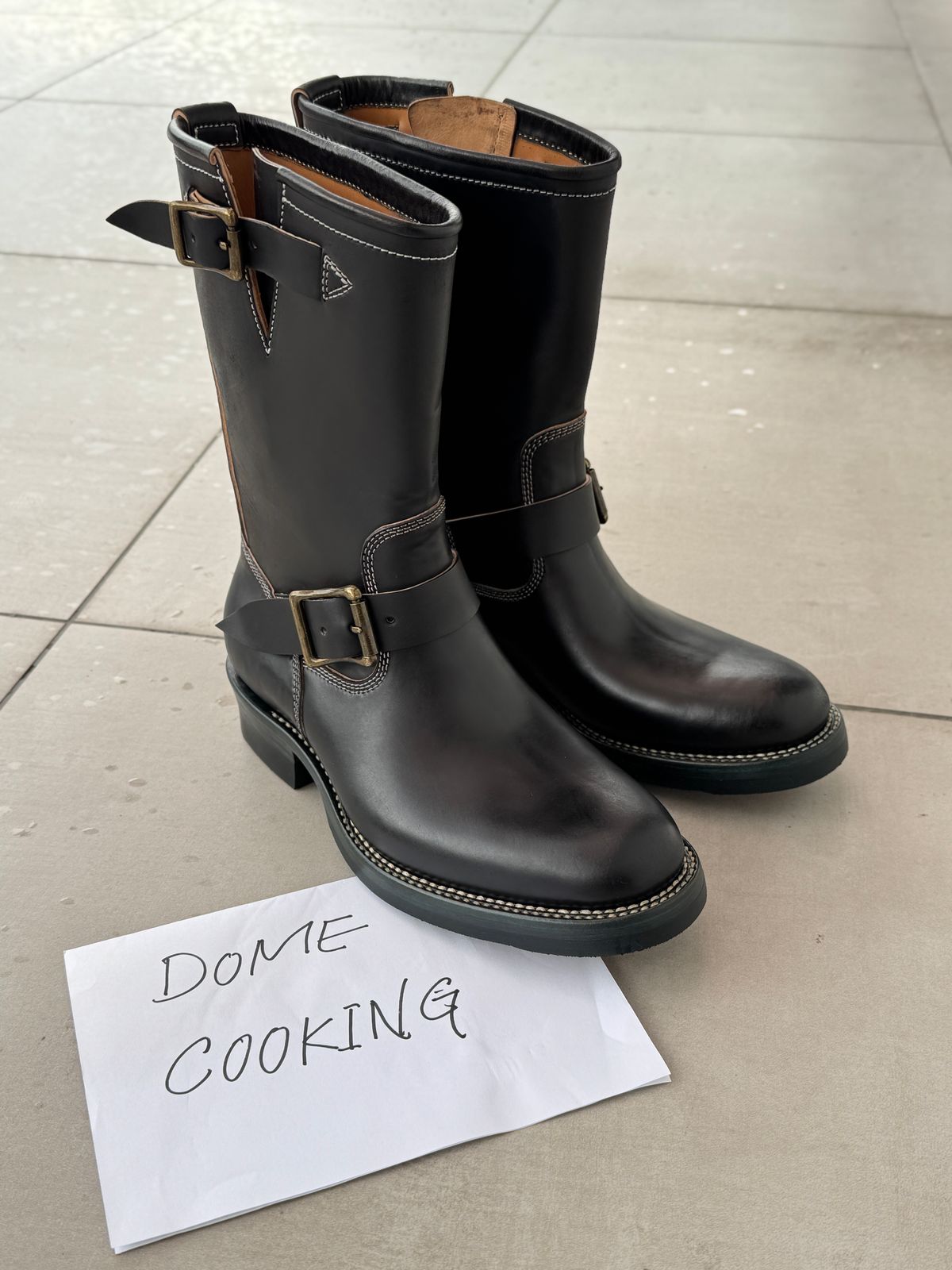 Photo by mk_alexchong on November 1, 2025 of the Flame Panda Engineer Boot in FP Natural Shell cordovan - Overdyed Brown Then Black.