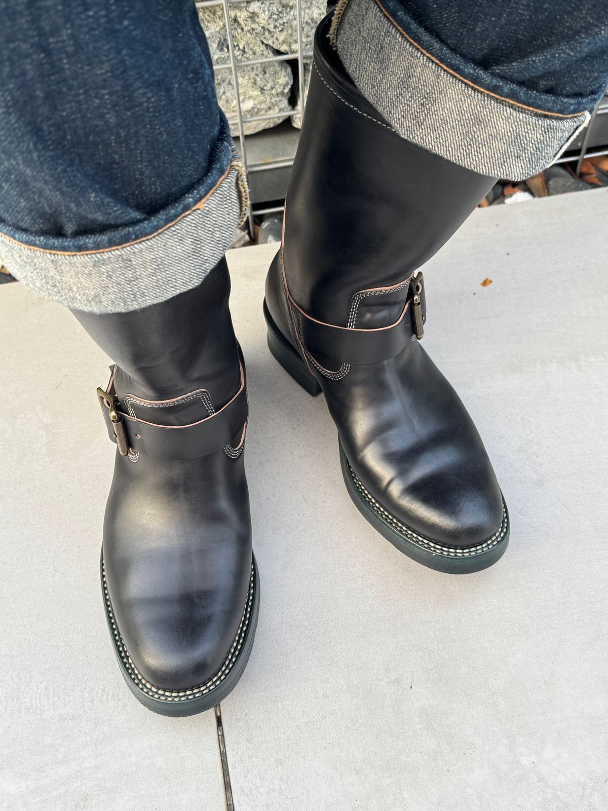 Photo by mk_alexchong on November 1, 2025 of the Flame Panda Engineer Boot in FP Natural Shell cordovan - Overdyed Brown Then Black.