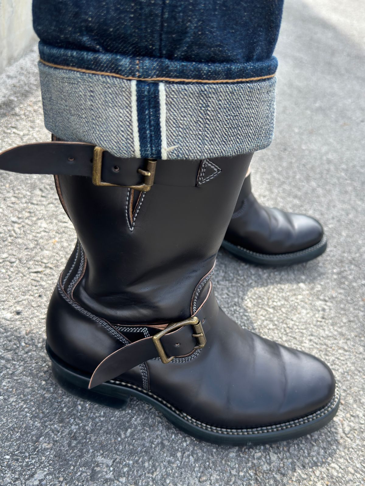 Photo by mk_alexchong on November 9, 2025 of the Flame Panda Engineer Boot in FP Natural Shell cordovan - Overdyed Brown Then Black.