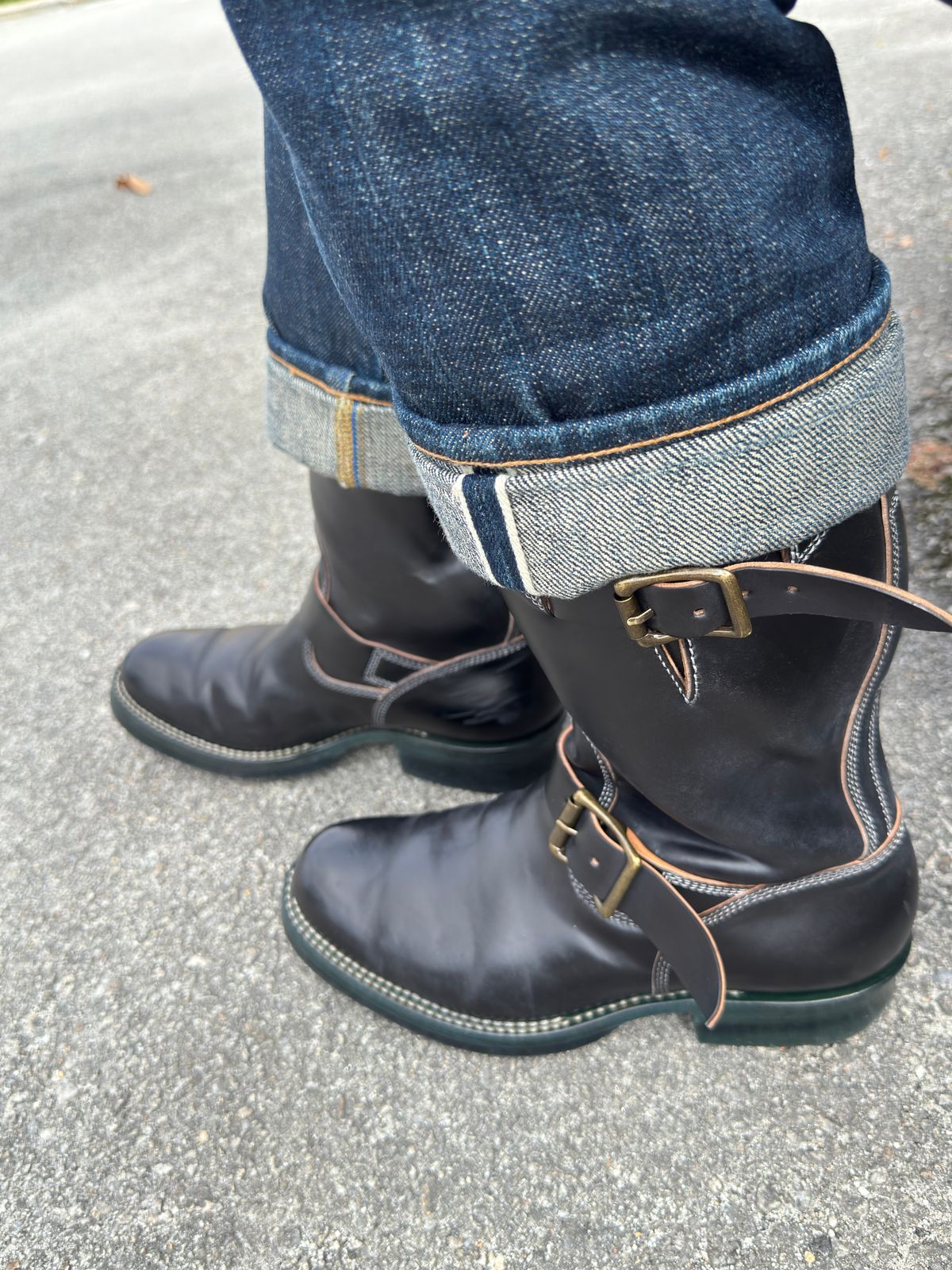 Photo by mk_alexchong on November 15, 2025 of the Flame Panda Engineer Boot in FP Natural Shell cordovan - Overdyed Brown Then Black.