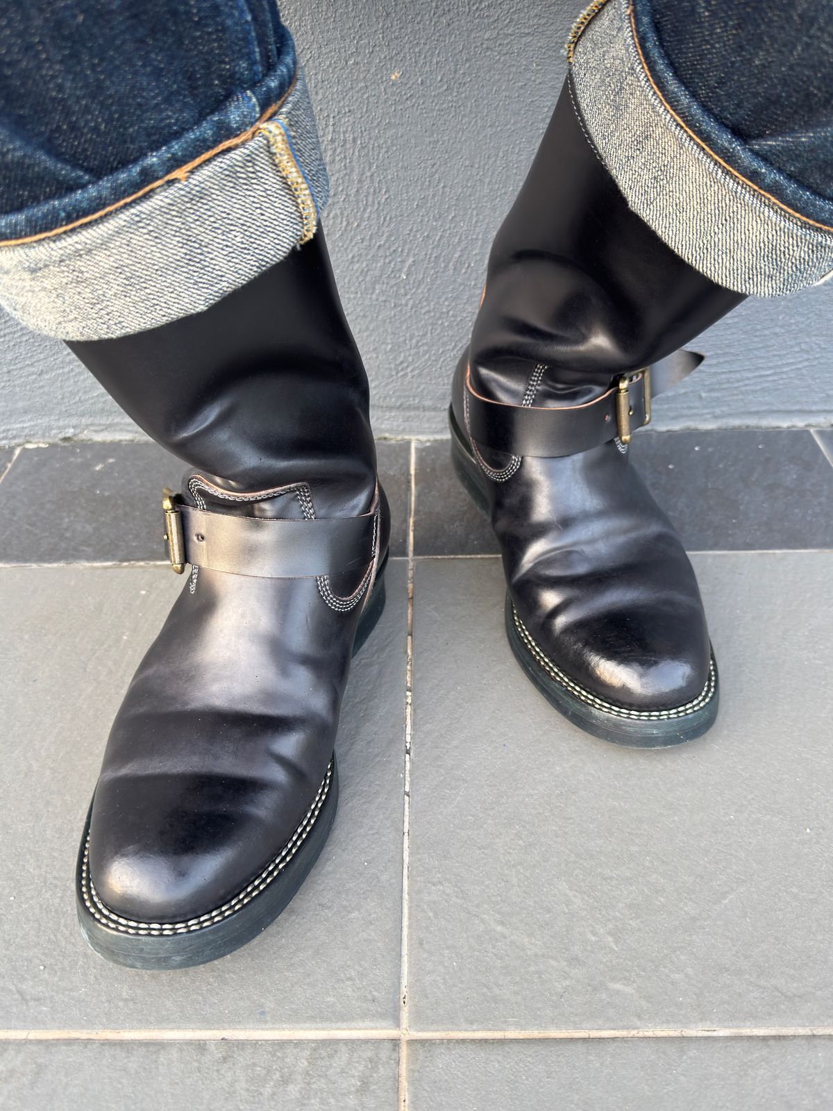 Photo by mk_alexchong on November 16, 2025 of the Flame Panda Engineer Boot in FP Natural Shell cordovan - Overdyed Brown Then Black.