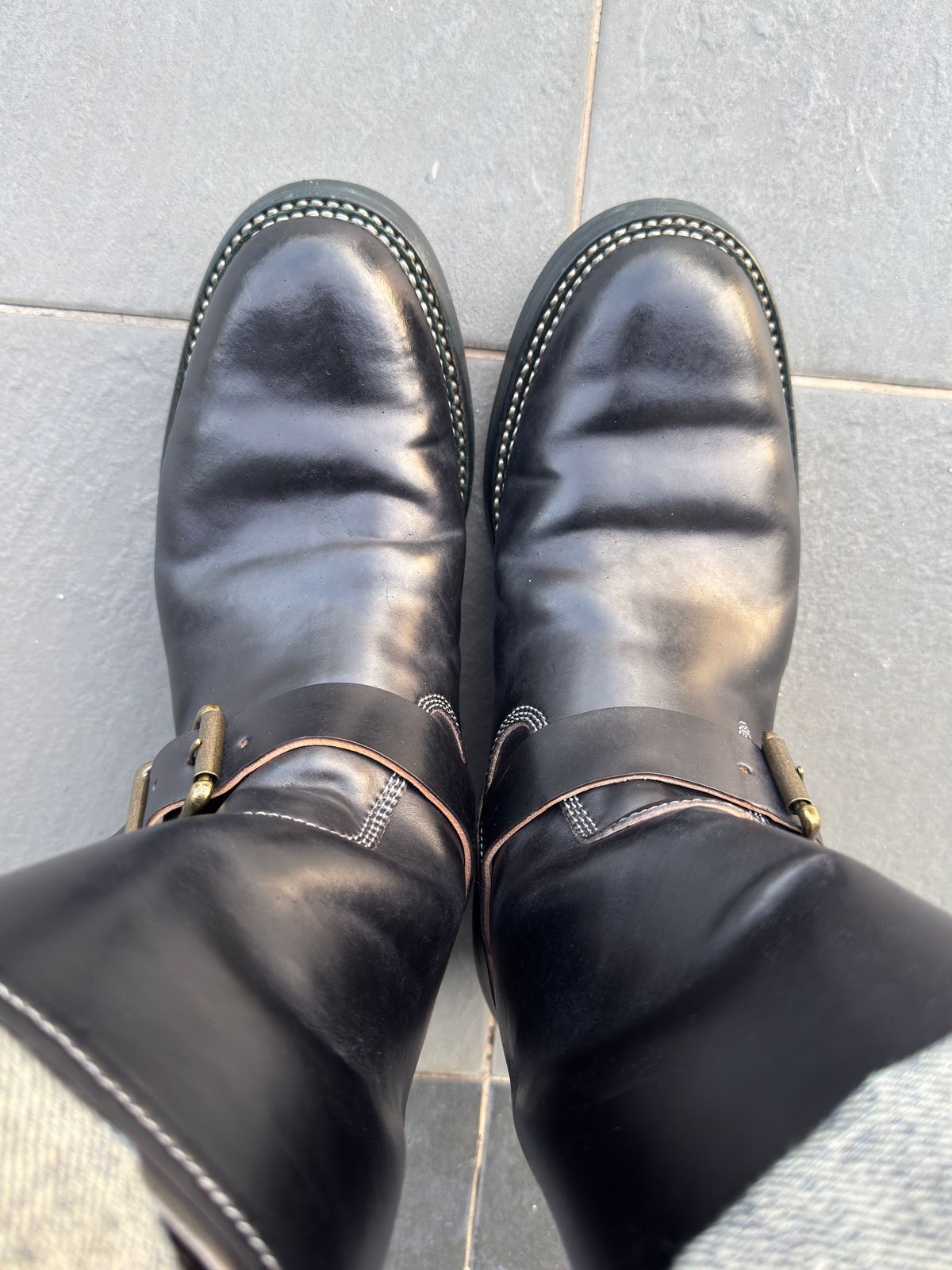 Photo by mk_alexchong on November 16, 2025 of the Flame Panda Engineer Boot in FP Natural Shell cordovan - Overdyed Brown Then Black.