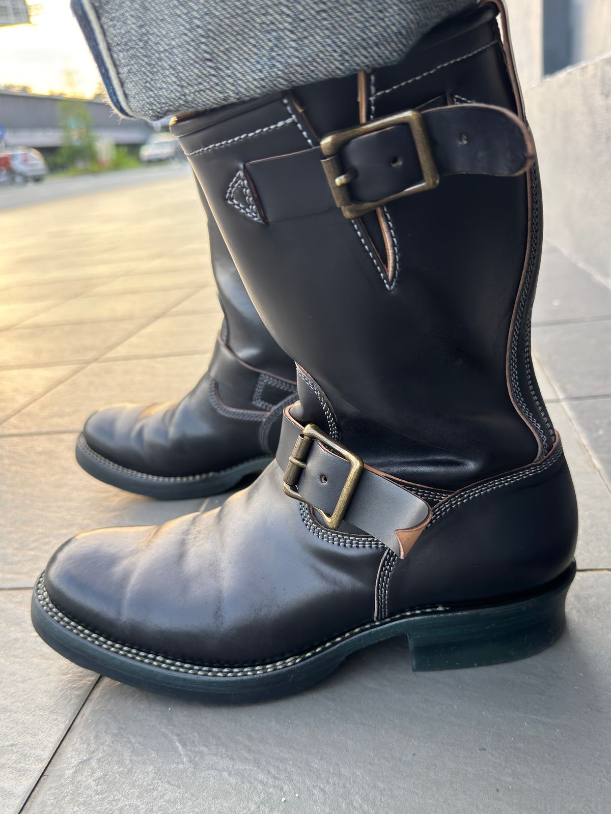 Photo by mk_alexchong on November 16, 2025 of the Flame Panda Engineer Boot in FP Natural Shell cordovan - Overdyed Brown Then Black.