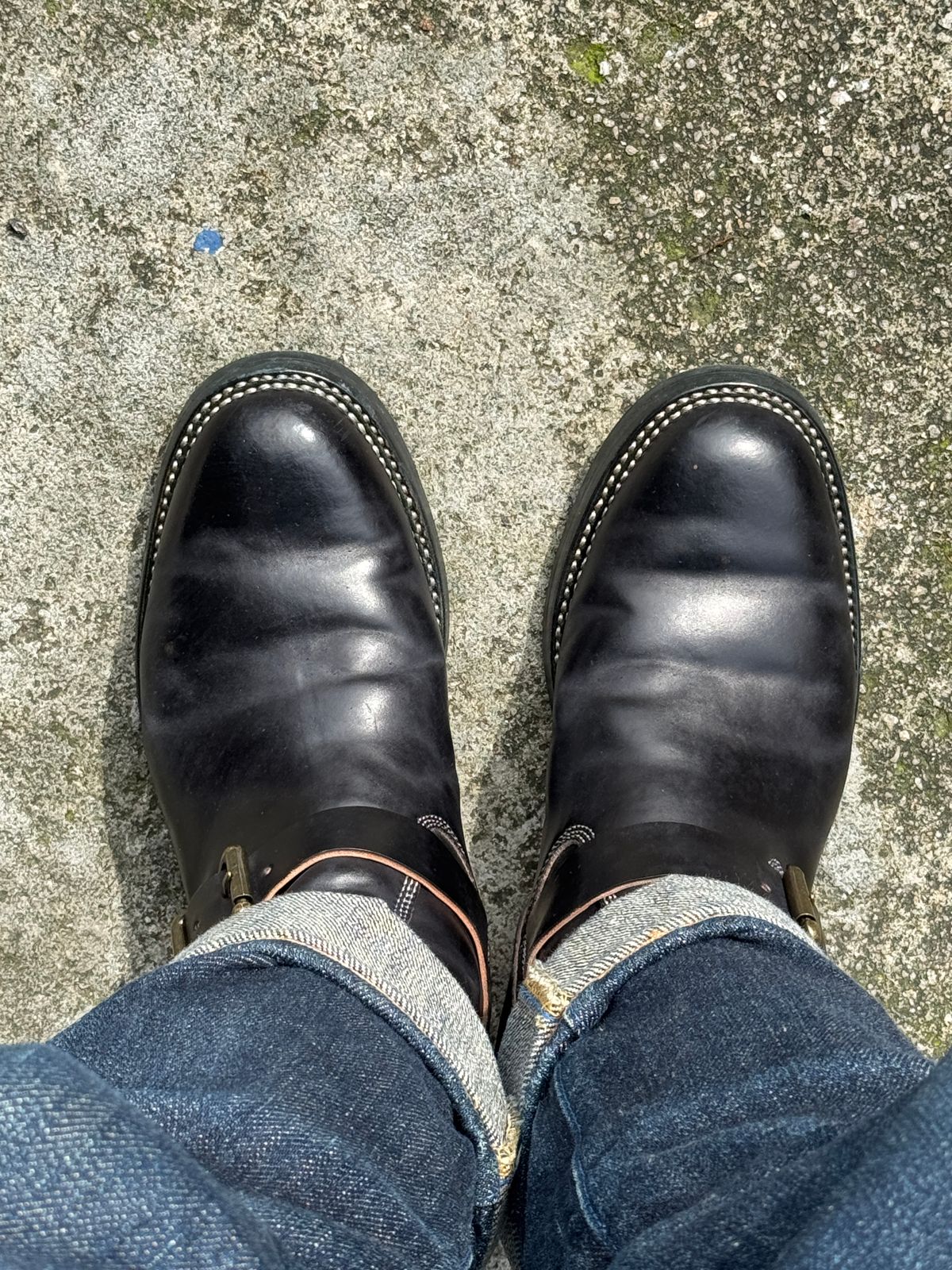 Photo by mk_alexchong on November 19, 2025 of the Flame Panda Engineer Boot in FP Natural Shell cordovan - Overdyed Brown Then Black.