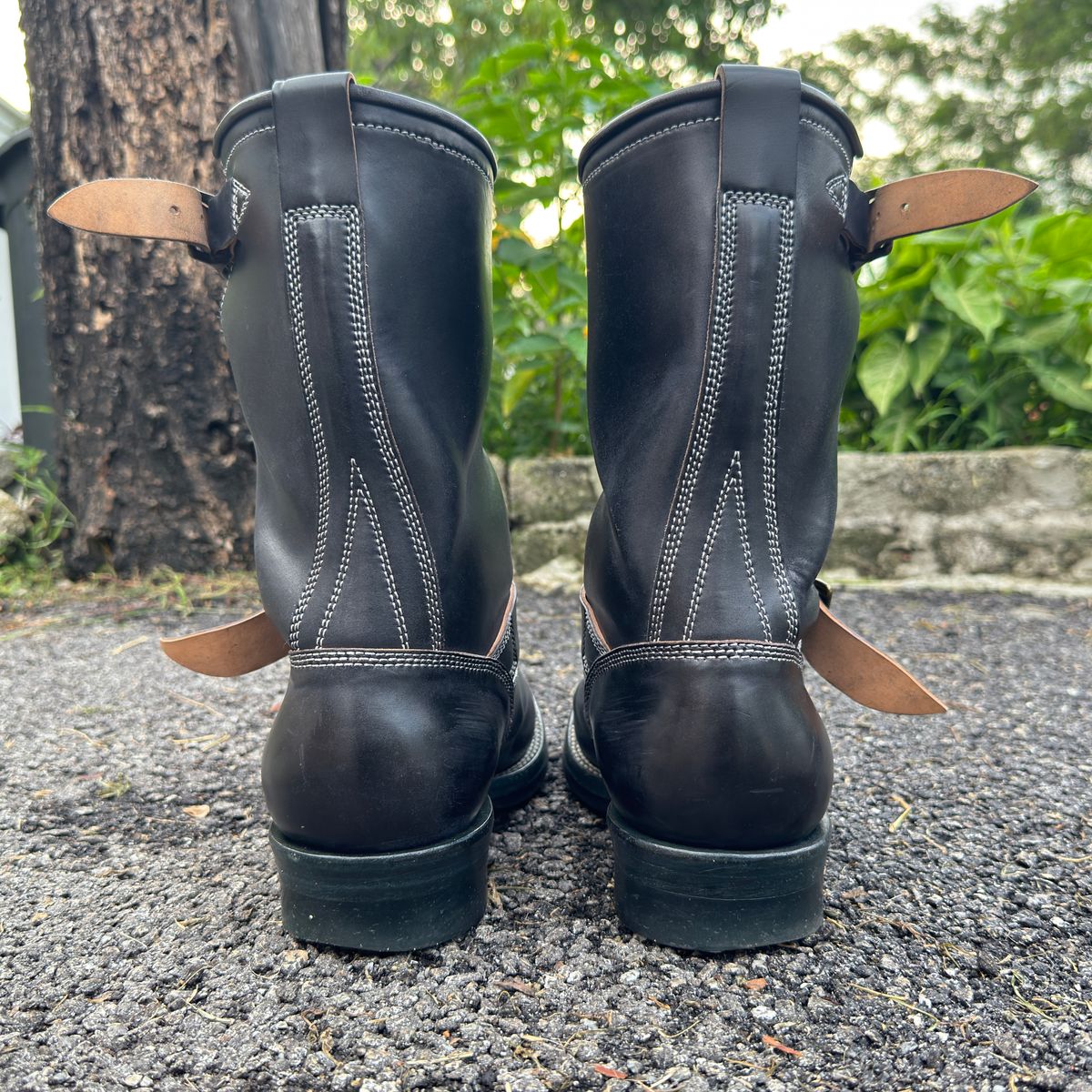 Photo by mk_alexchong on November 21, 2025 of the Flame Panda Engineer Boot in FP Natural Shell cordovan - Overdyed Brown Then Black.