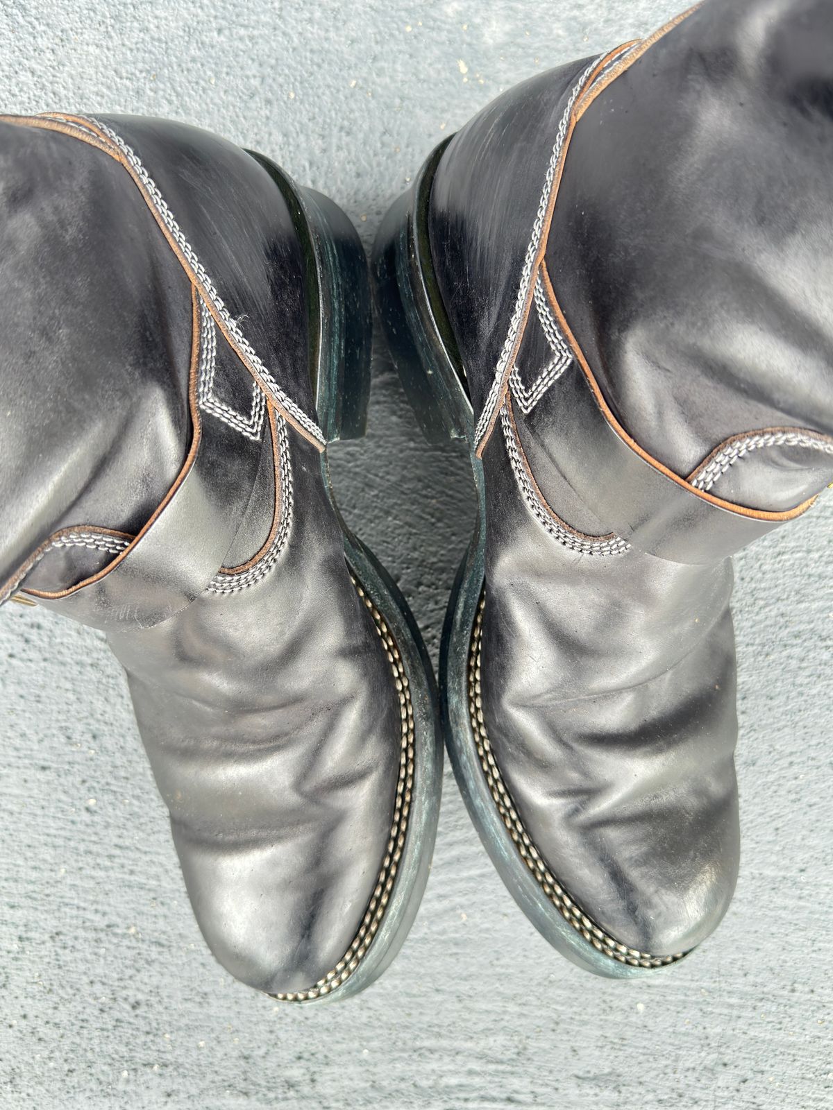 Photo by mk_alexchong on December 16, 2025 of the Flame Panda Engineer Boot in FP Natural Shell cordovan - Overdyed Brown Then Black.