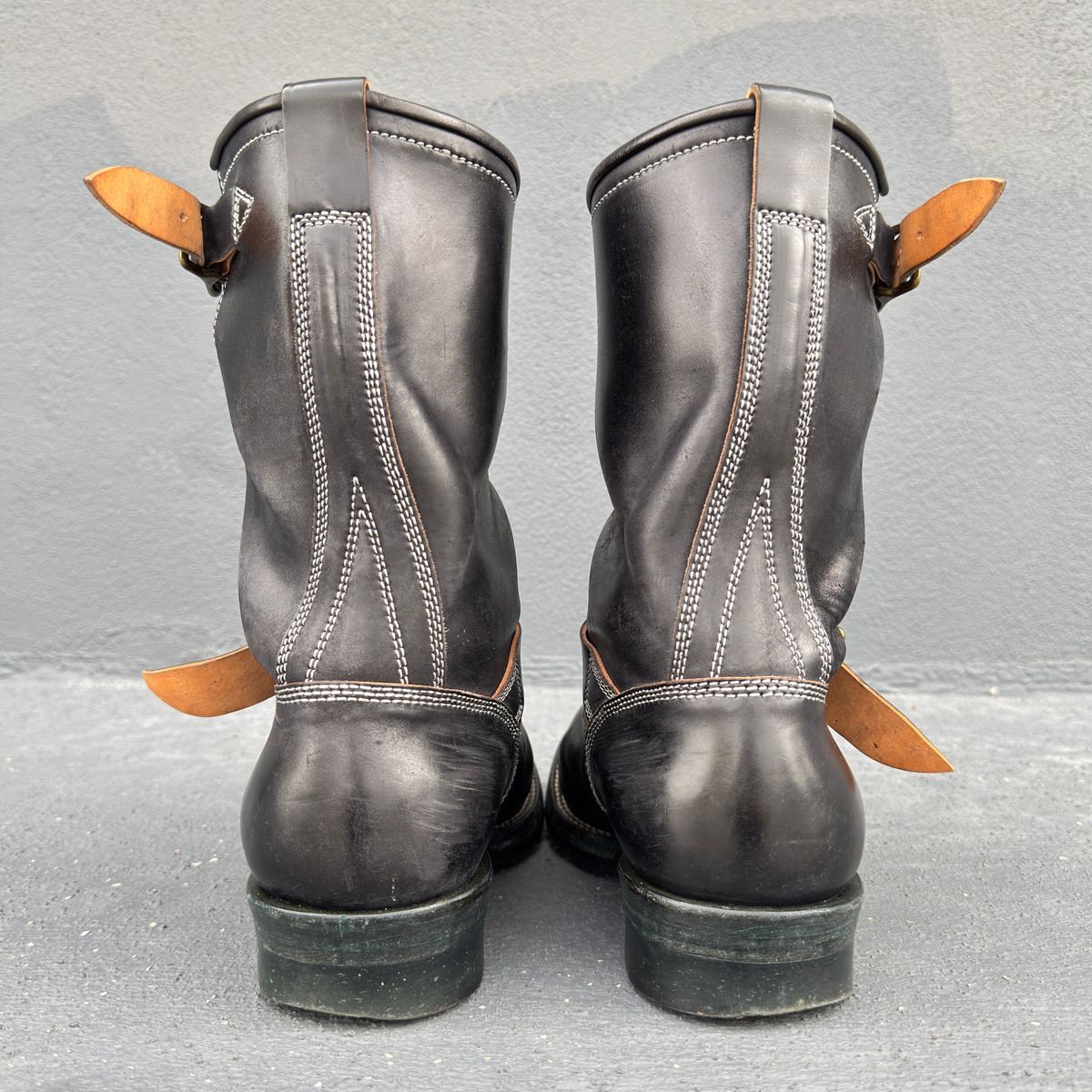 Photo by mk_alexchong on December 16, 2025 of the Flame Panda Engineer Boot in FP Natural Shell cordovan - Overdyed Brown Then Black.